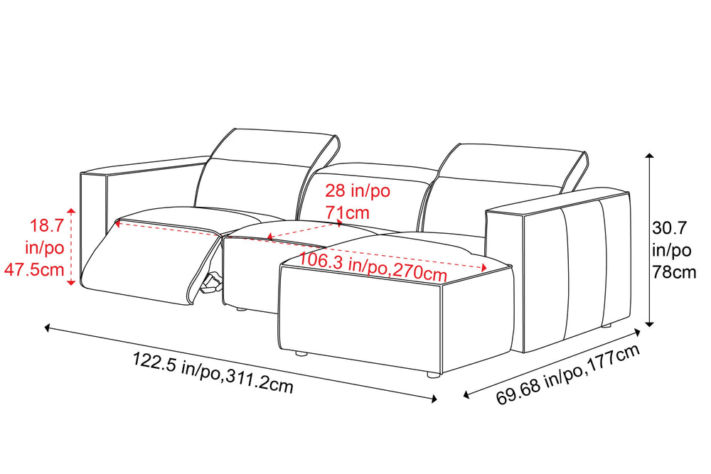 Valencia Emery Leather Sectional Sofa, Recliner Three Seats with Right Chaise, Black