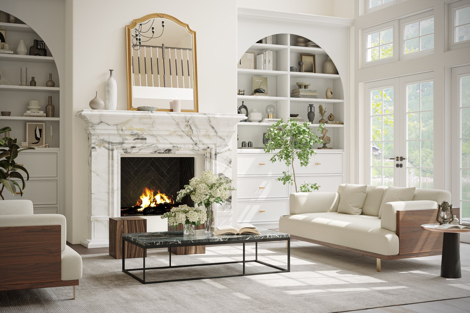 In a Living Room With A Mini Table with Flowers in Front of a Fireplace, There is Right Acute Angle Front View of A Luxurious, Beige, Kiln Dried Wood Frame, Emilia Modern Fabric Sofa