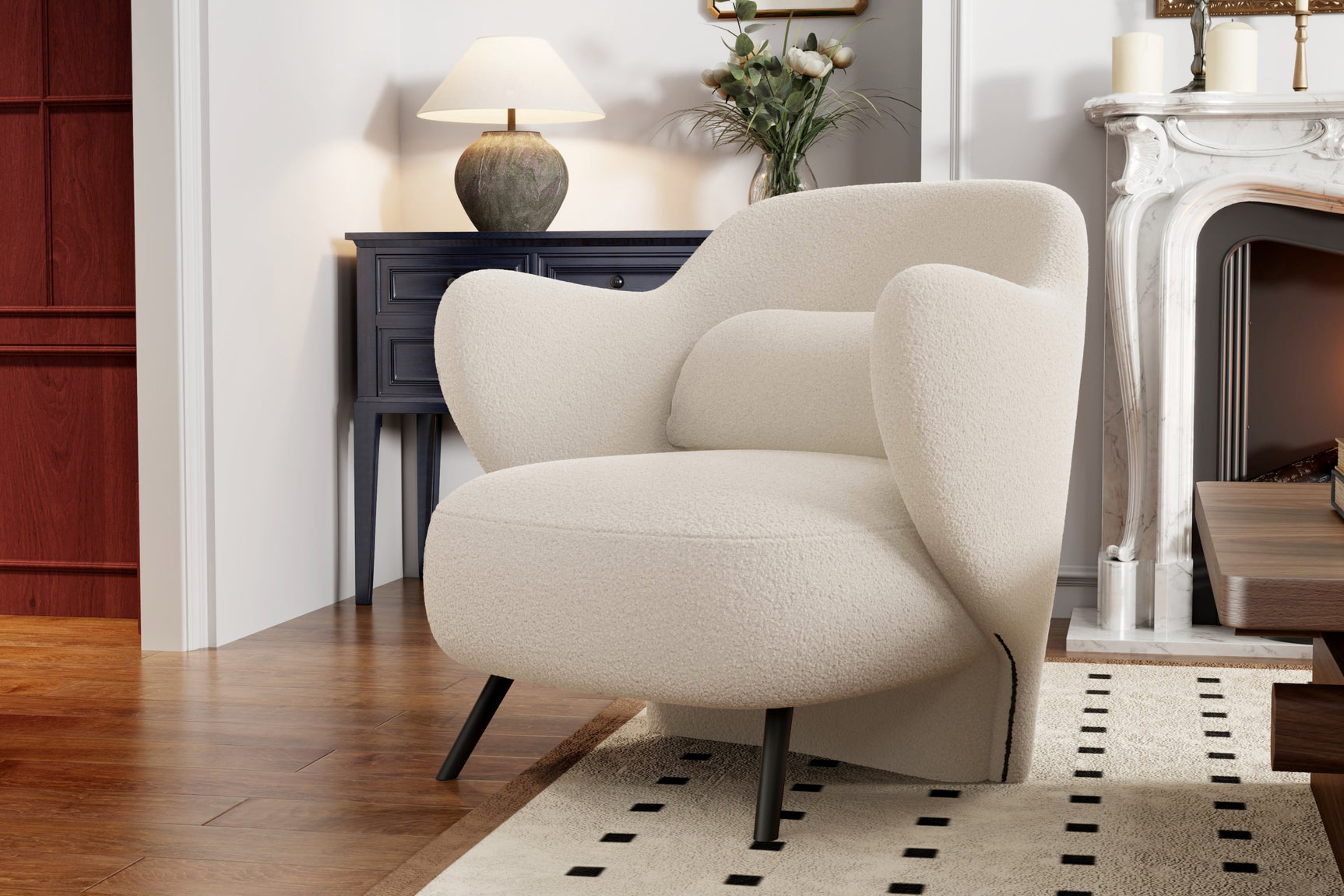 In a Living Room, There is Right-Side's Acute Angle Front View of A Luxurious, Cream, Hardwood Frame, Sleek Black Steel Legs, Erica Boucle Single Decorative Chair.