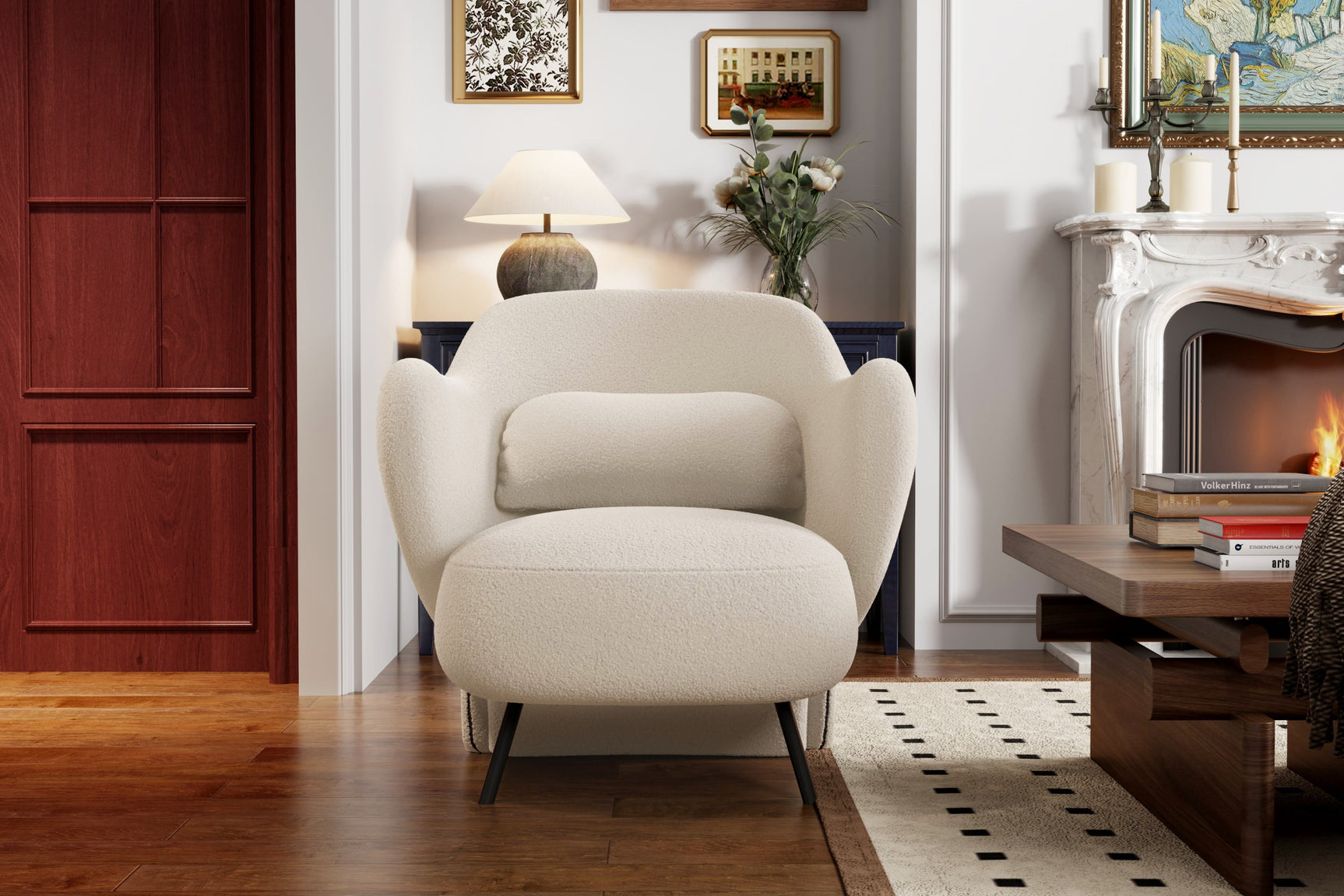 In a Living Room, There is Straight Angle Front View of A Luxurious, Cream, Hardwood Frame, Sleek Black Steel Legs, Erica Boucle Single Decorative Chair. 