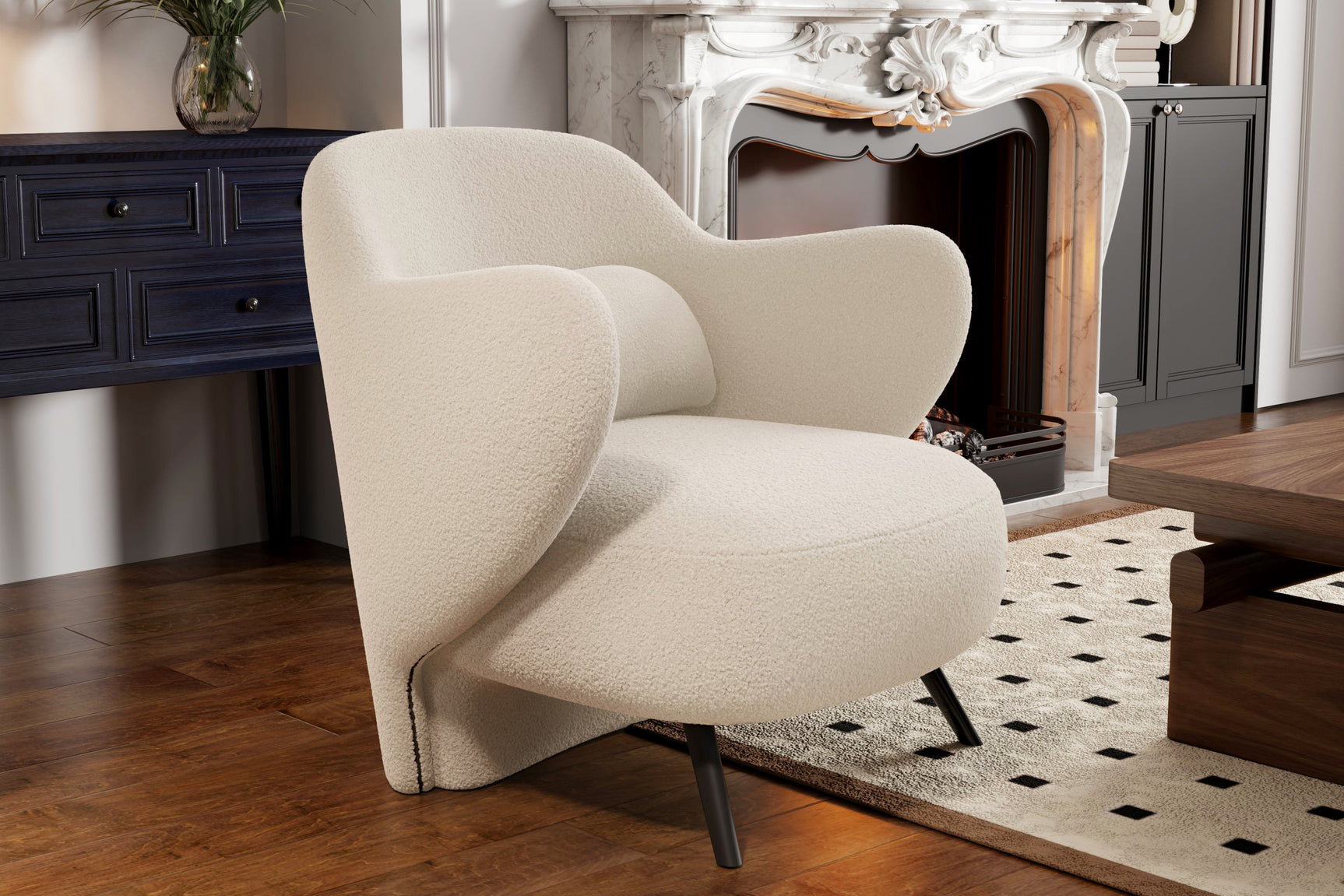 In a Living Room, There is Left-Side's Acute Angle Front View of A Luxurious, Cream, Hardwood Frame, Sleek Black Steel Legs, Erica Boucle Single Decorative Chair.