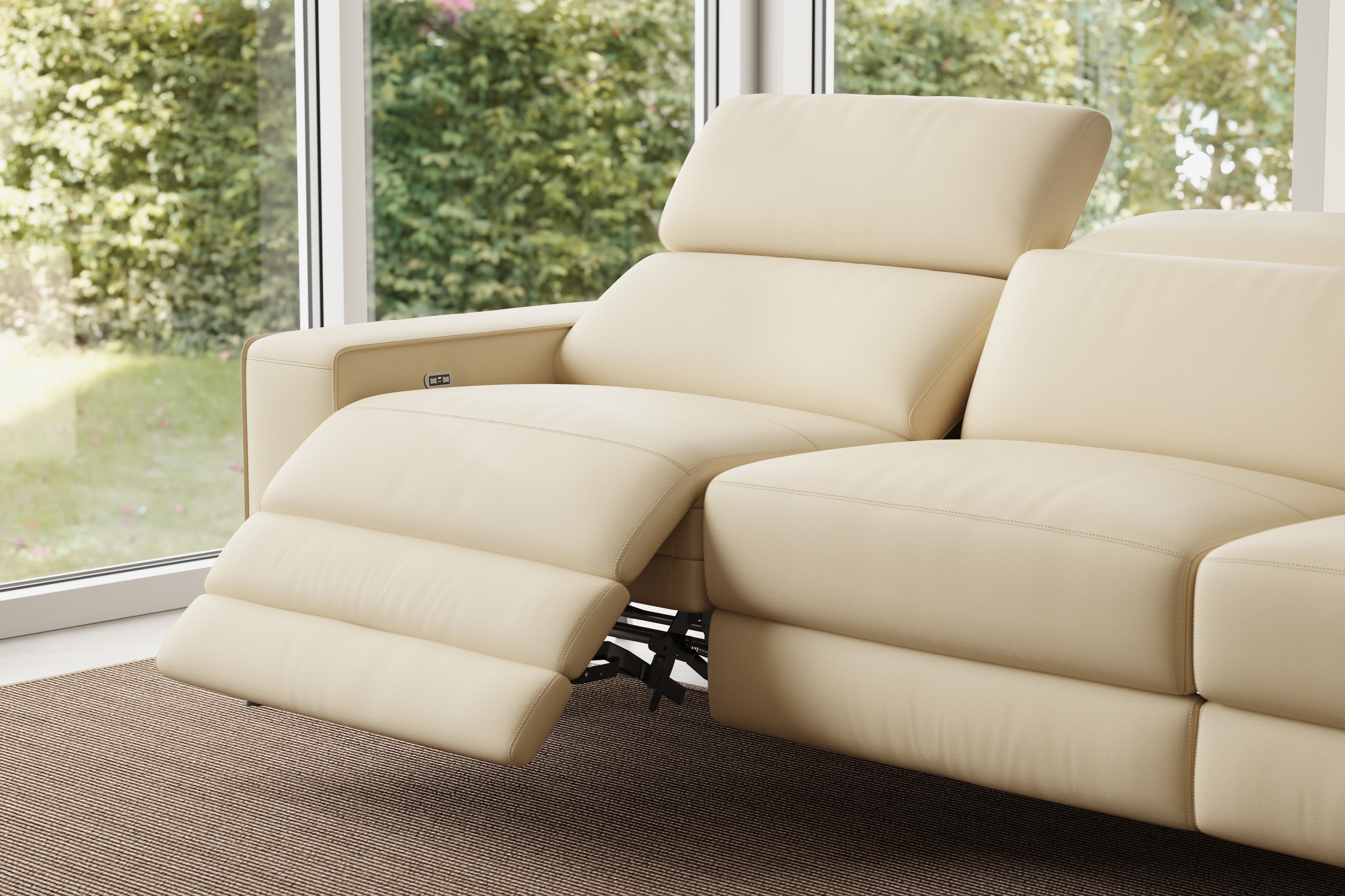 Valencia Esther Top Grain Leather Three Seats with Double Recliners Sofa, Beige