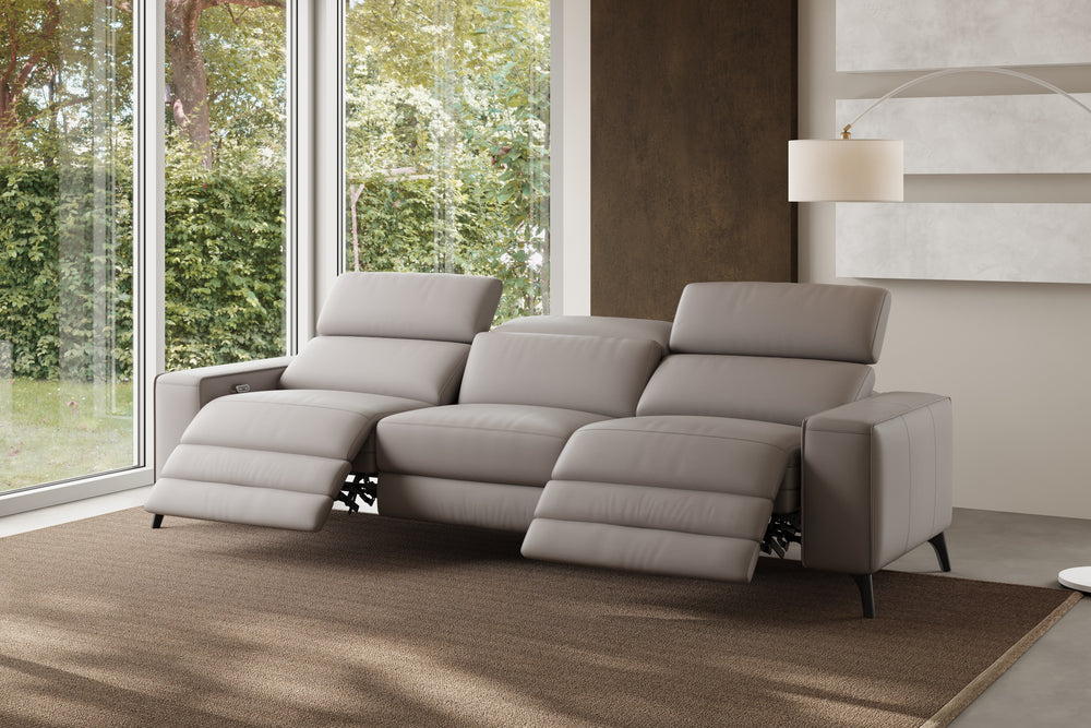 Valencia Esther Top Grain Leather Three Seats with Double Recliners Sofa, Light Grey