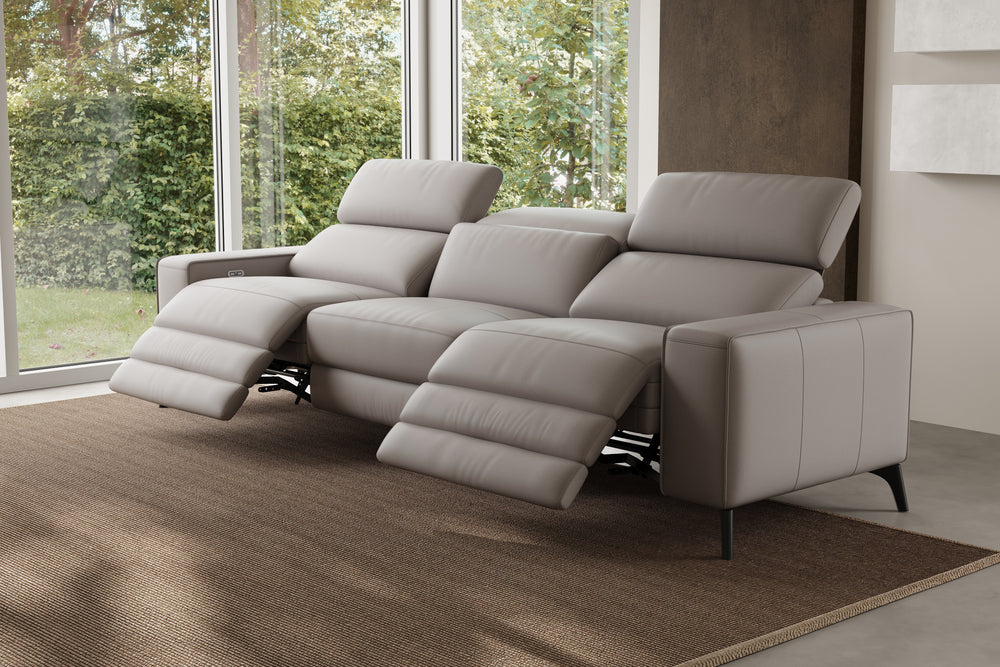 Valencia Esther Top Grain Leather Three Seats with Double Recliners Sofa, Light Grey