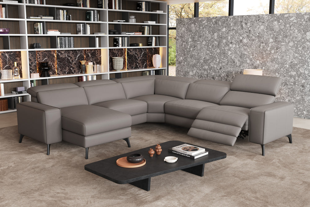 Valencia Esther Top Grain Leather Sofa, L-Shape with Left Chaise, Light Grey