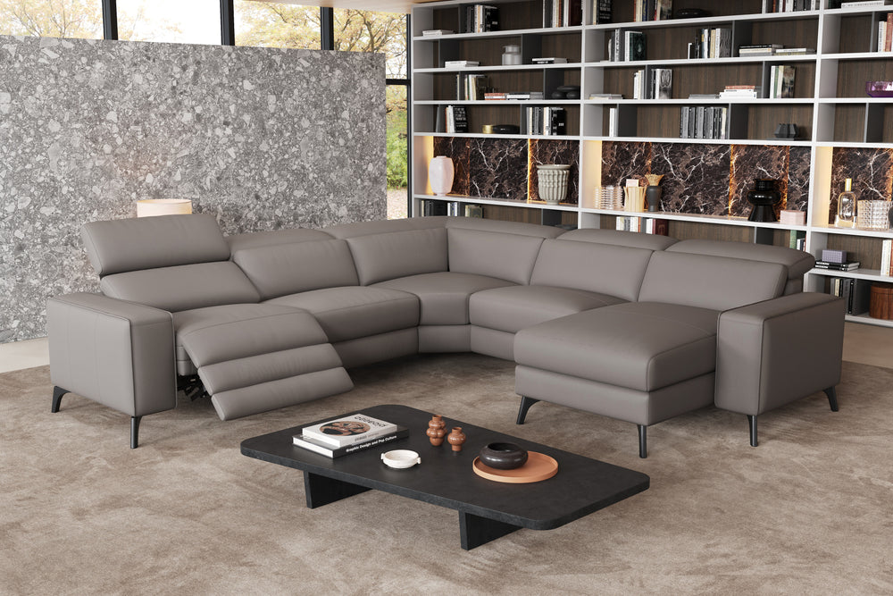Valencia Esther Top Grain Leather Sofa, L-Shape with Right Chaise, Light Grey