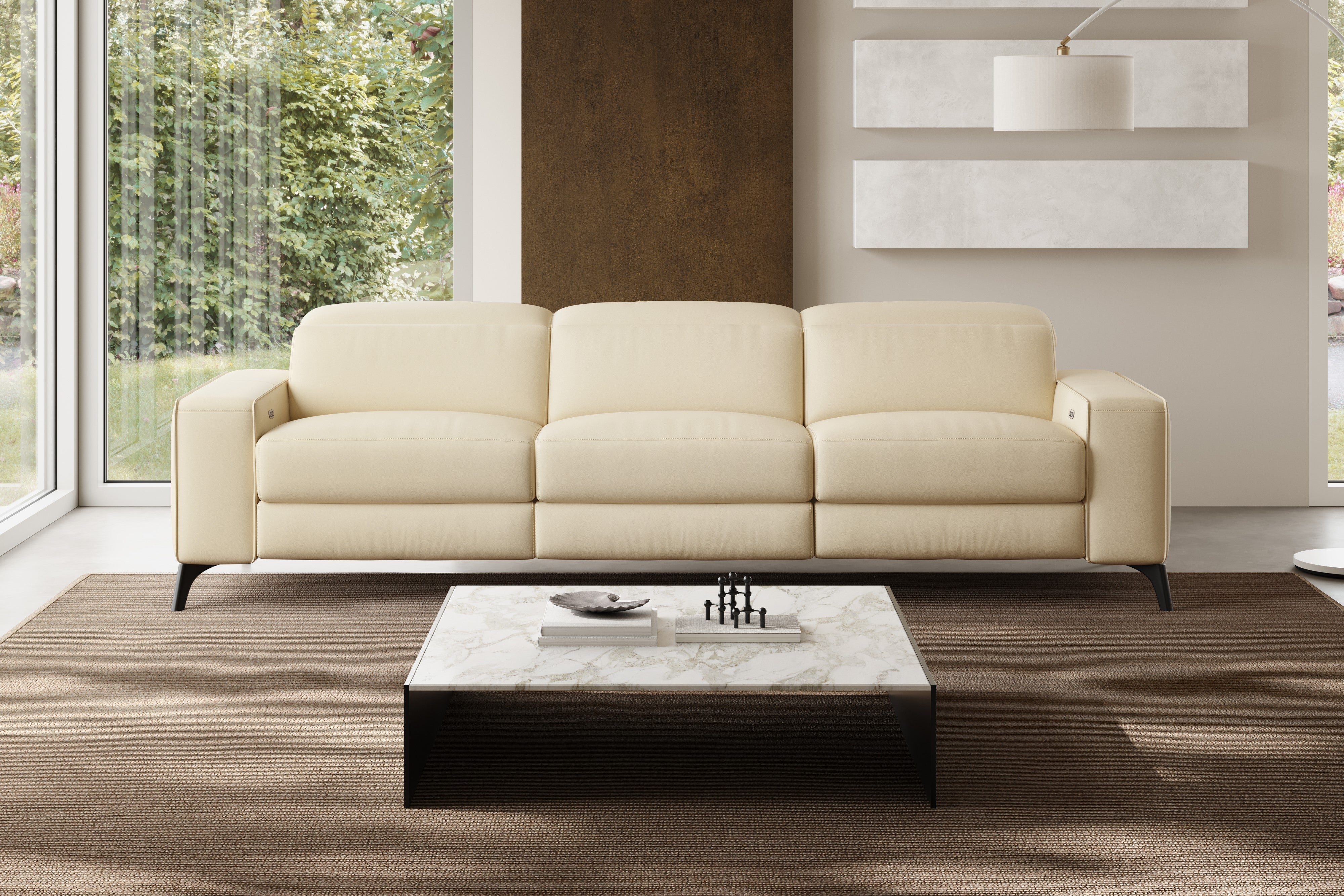 Valencia Esther Top Grain Leather Three Seats with Double Recliners Sofa, Beige