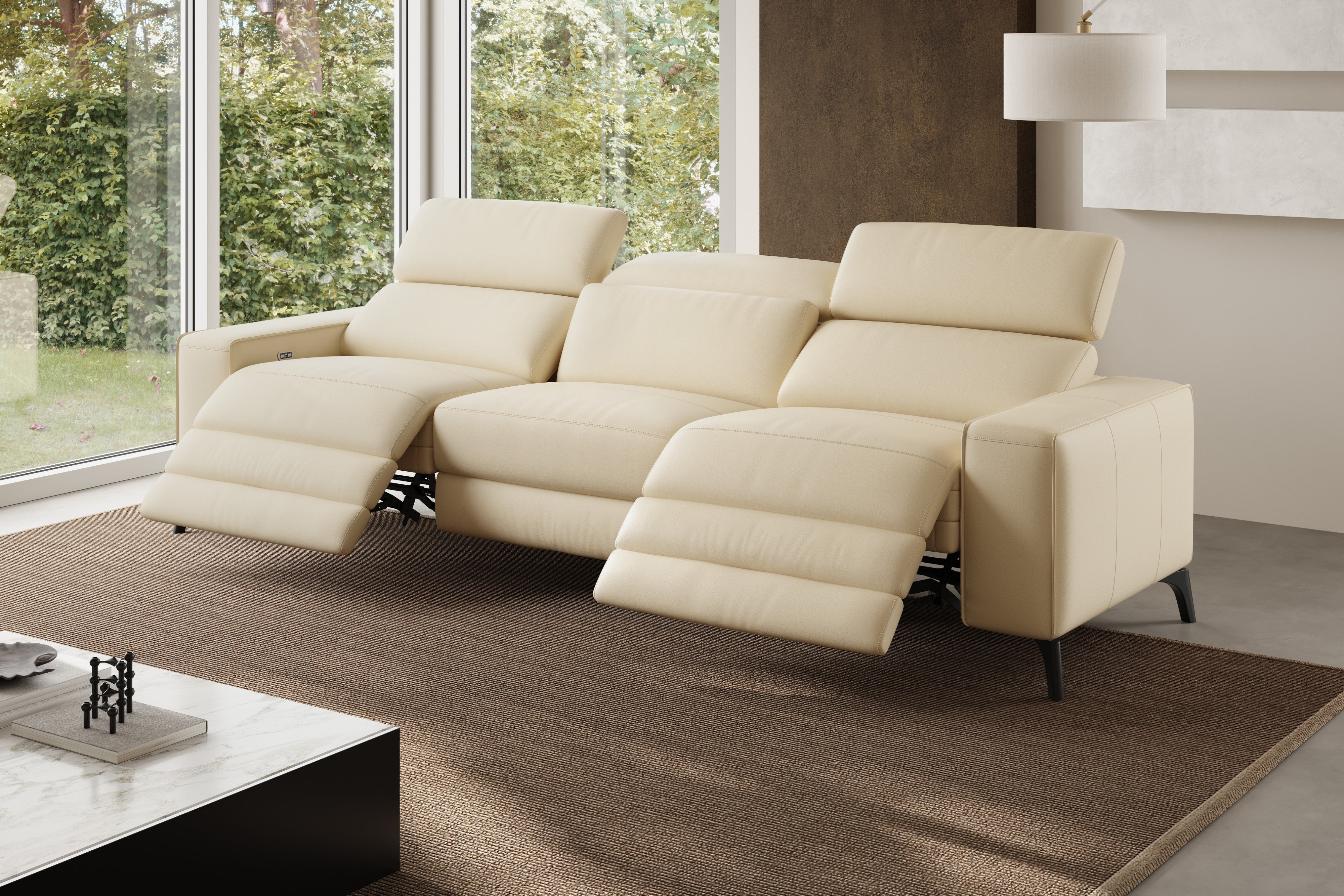 Valencia Esther Top Grain Leather Three Seats with Double Recliners Sofa, Beige