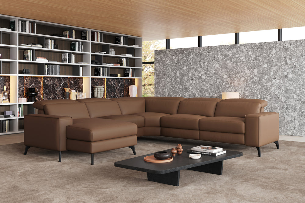 Valencia Esther Top Grain Leather Sofa, L-Shape with Left Chaise, Brown