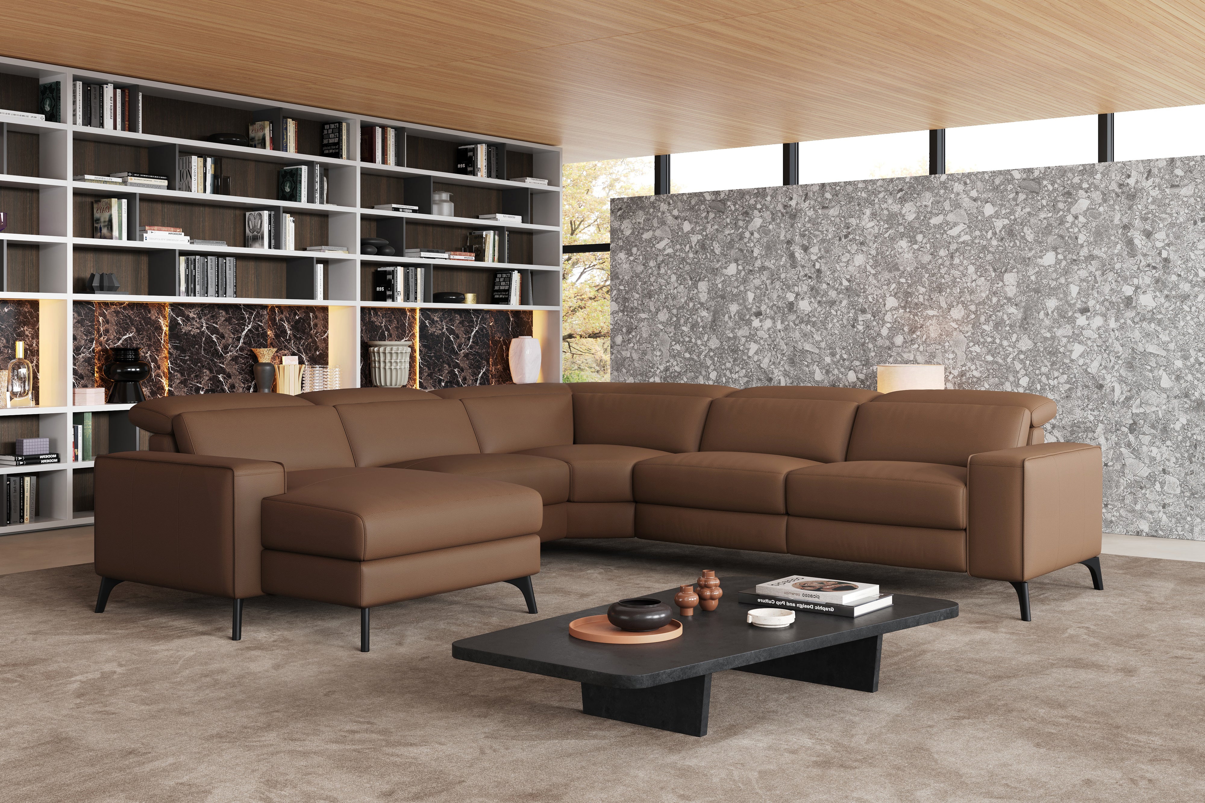 Valencia Esther Top Grain Leather Sofa, L-Shape with Left Chaise, Brown