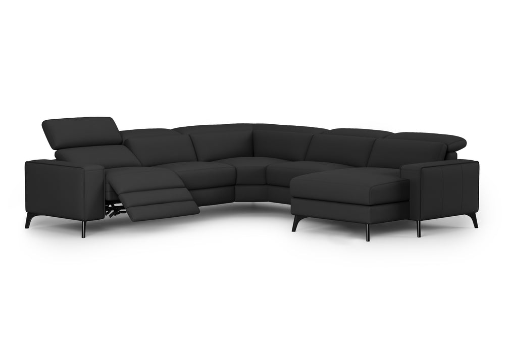 Valencia Esther Top Grain Leather Sofa, L-Shape with Right Chaise, Black