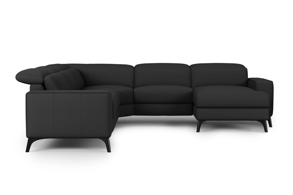 Valencia Esther Top Grain Leather Sofa, L-Shape with Right Chaise, Black