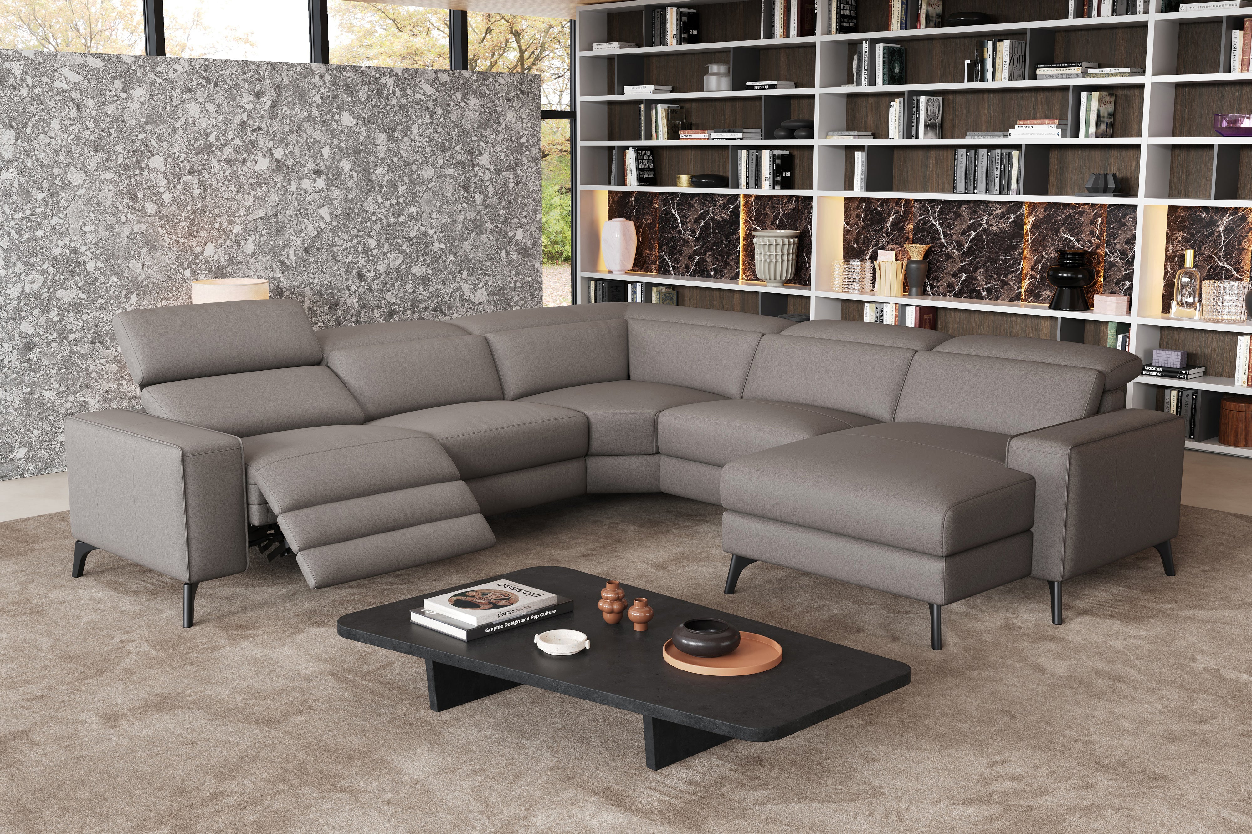 Valencia Esther Top Grain Leather Sofa, L-Shape with Right Chaise, Light Grey