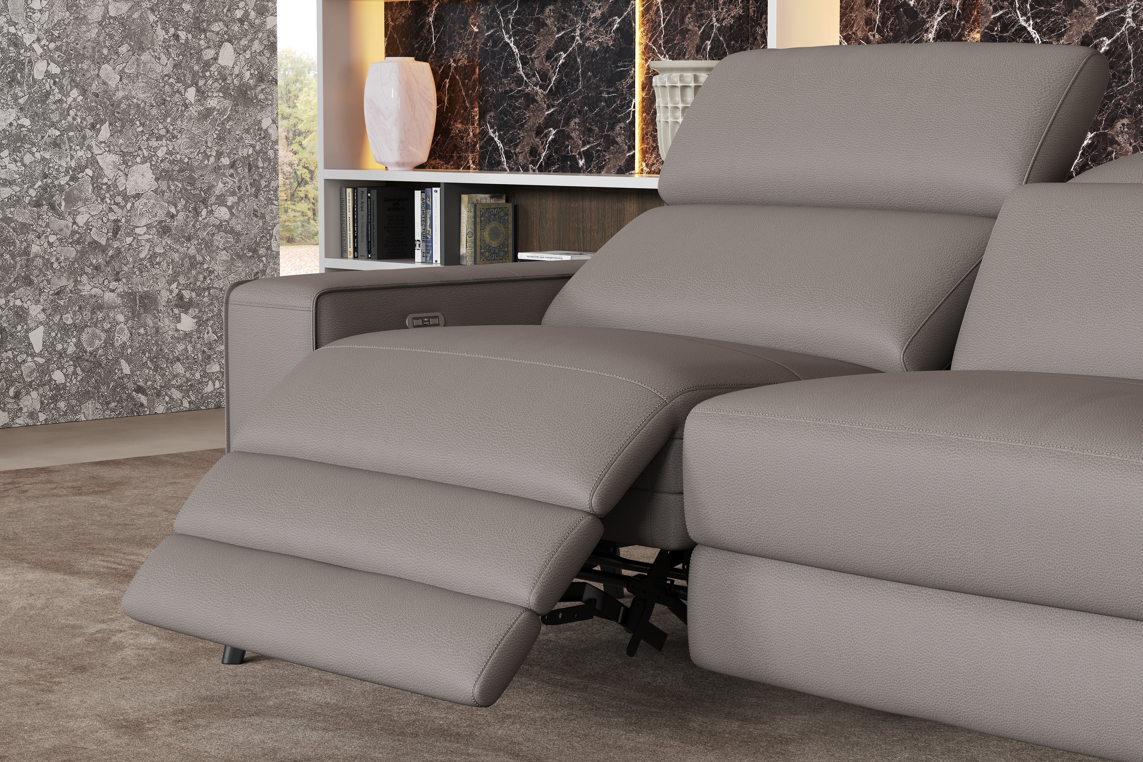 Valencia Esther Top Grain Leather Sofa, L-Shape with Right Chaise, Light Grey