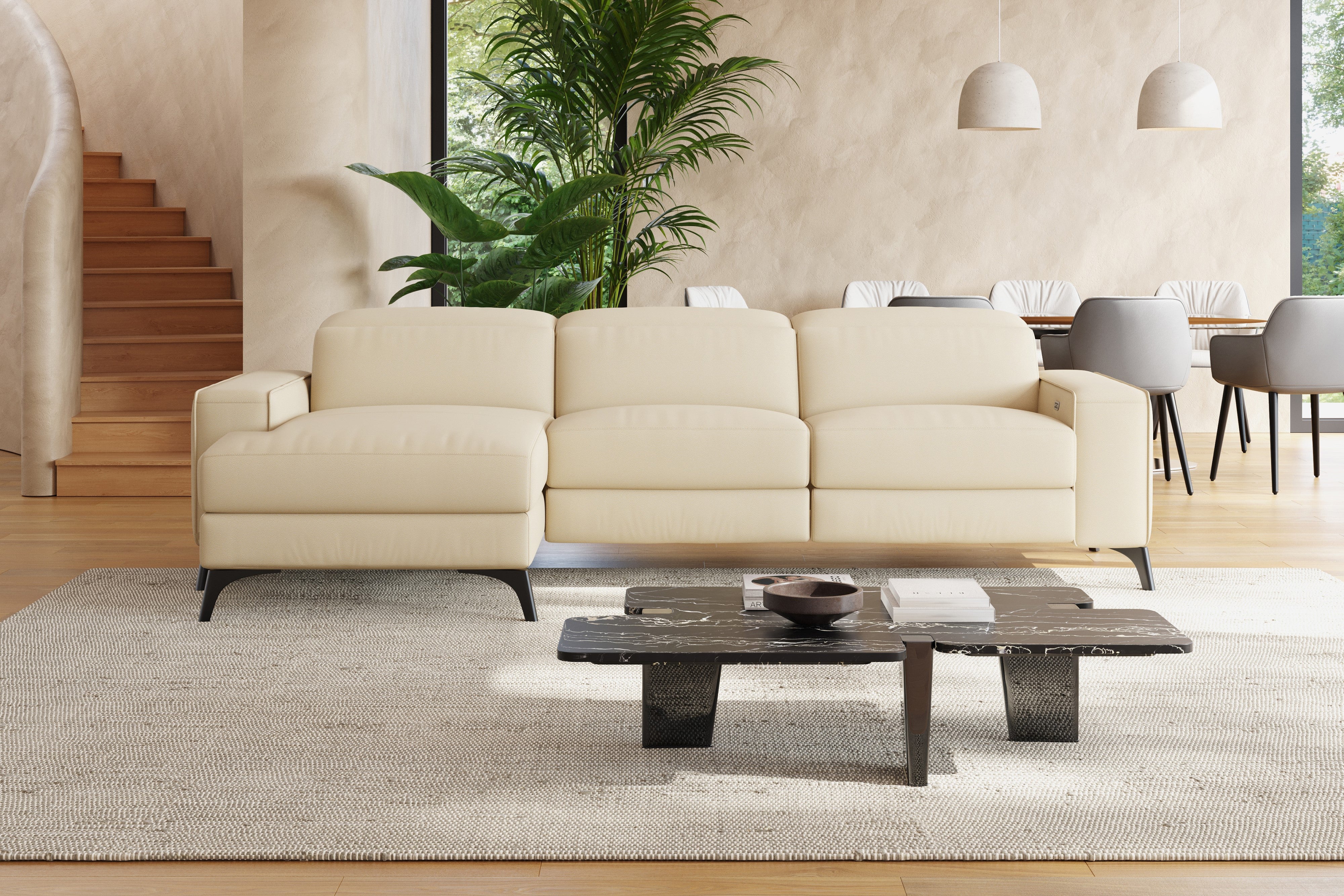 Valencia Esther Top Grain Leather Sofa, Three Seats with Left Chaise, Beige