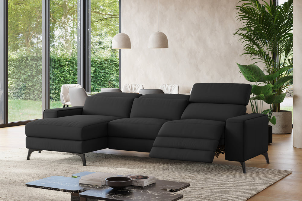 Valencia Esther Top Grain Leather Sofa, Three Seats with Left Chaise, Black