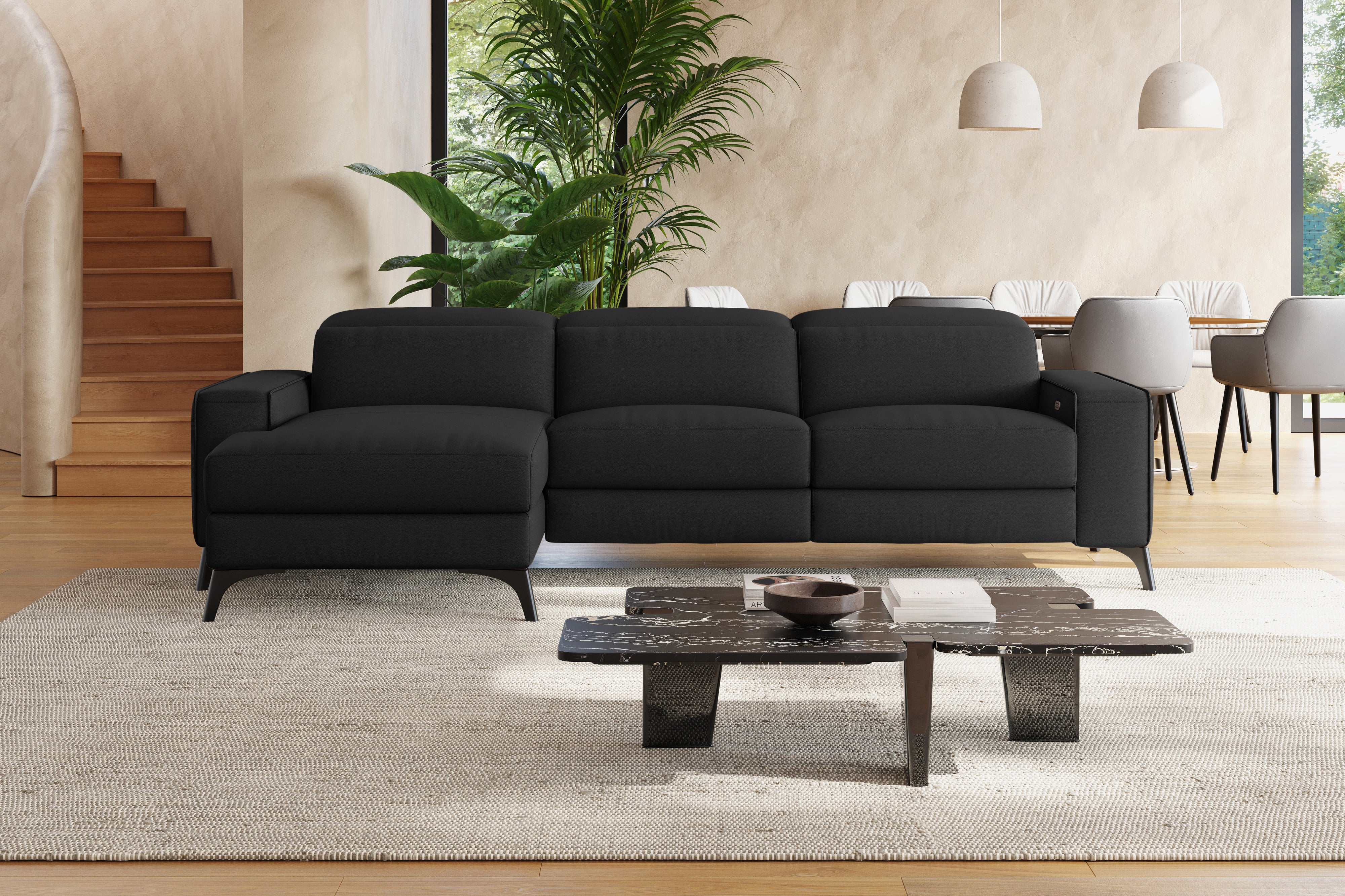 Valencia Esther Top Grain Leather Sofa, Three Seats with Left Chaise, Black