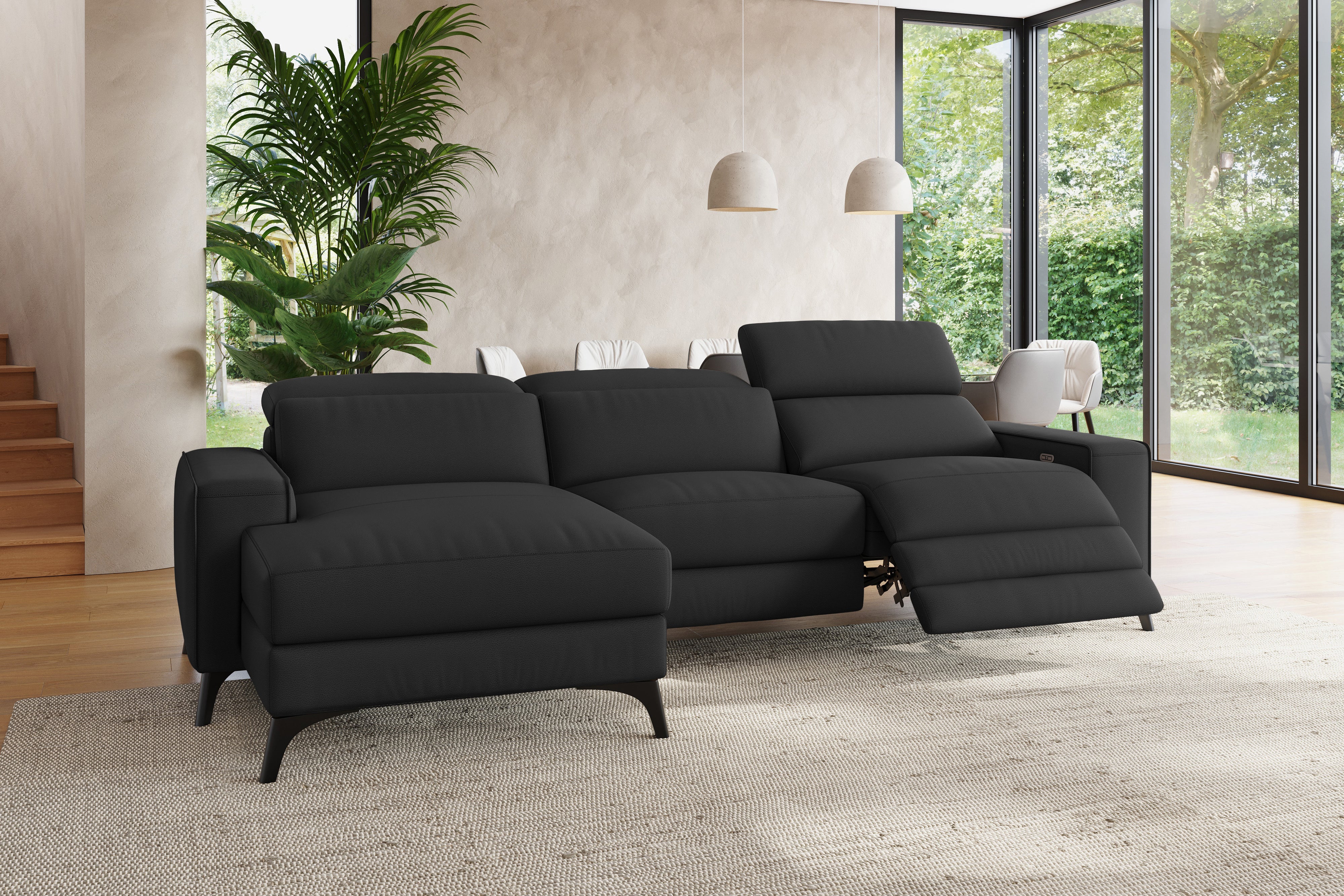 Valencia Esther Top Grain Leather Sofa, Three Seats with Left Chaise, Black