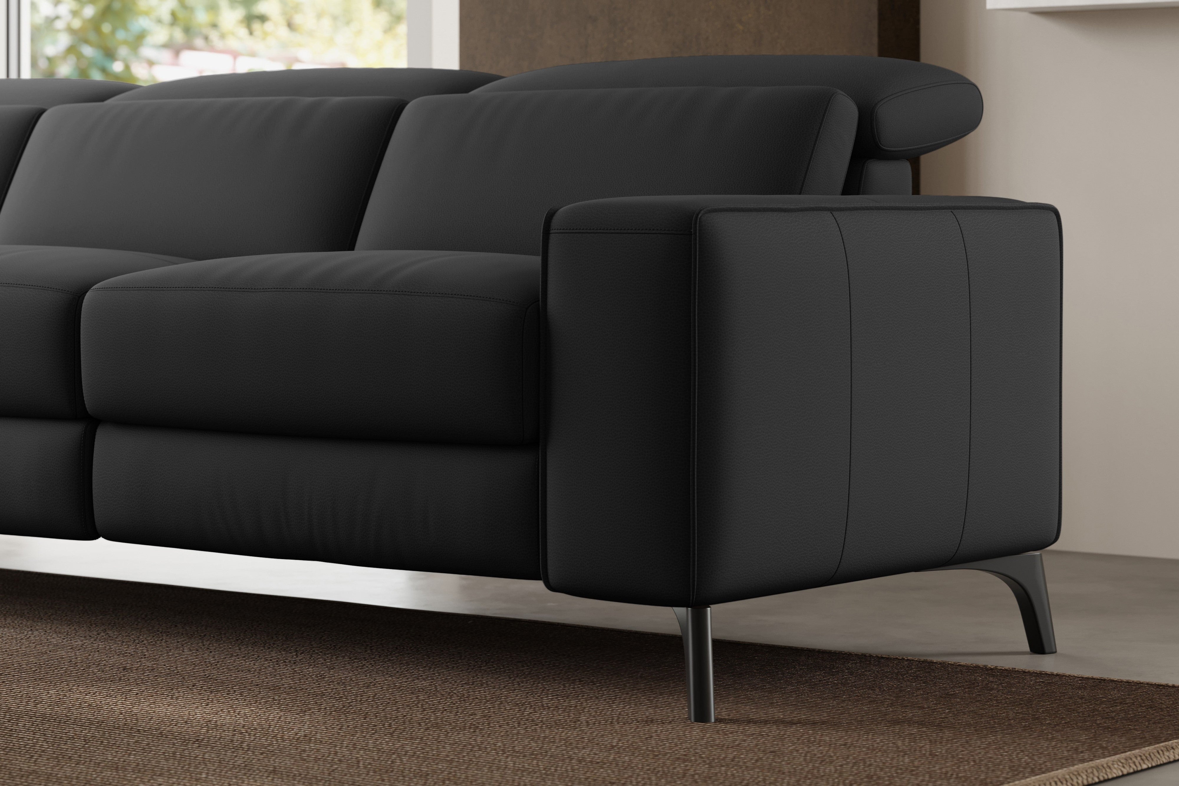 Valencia Esther Top Grain Leather Sofa, Three Seats with Left Chaise, Black