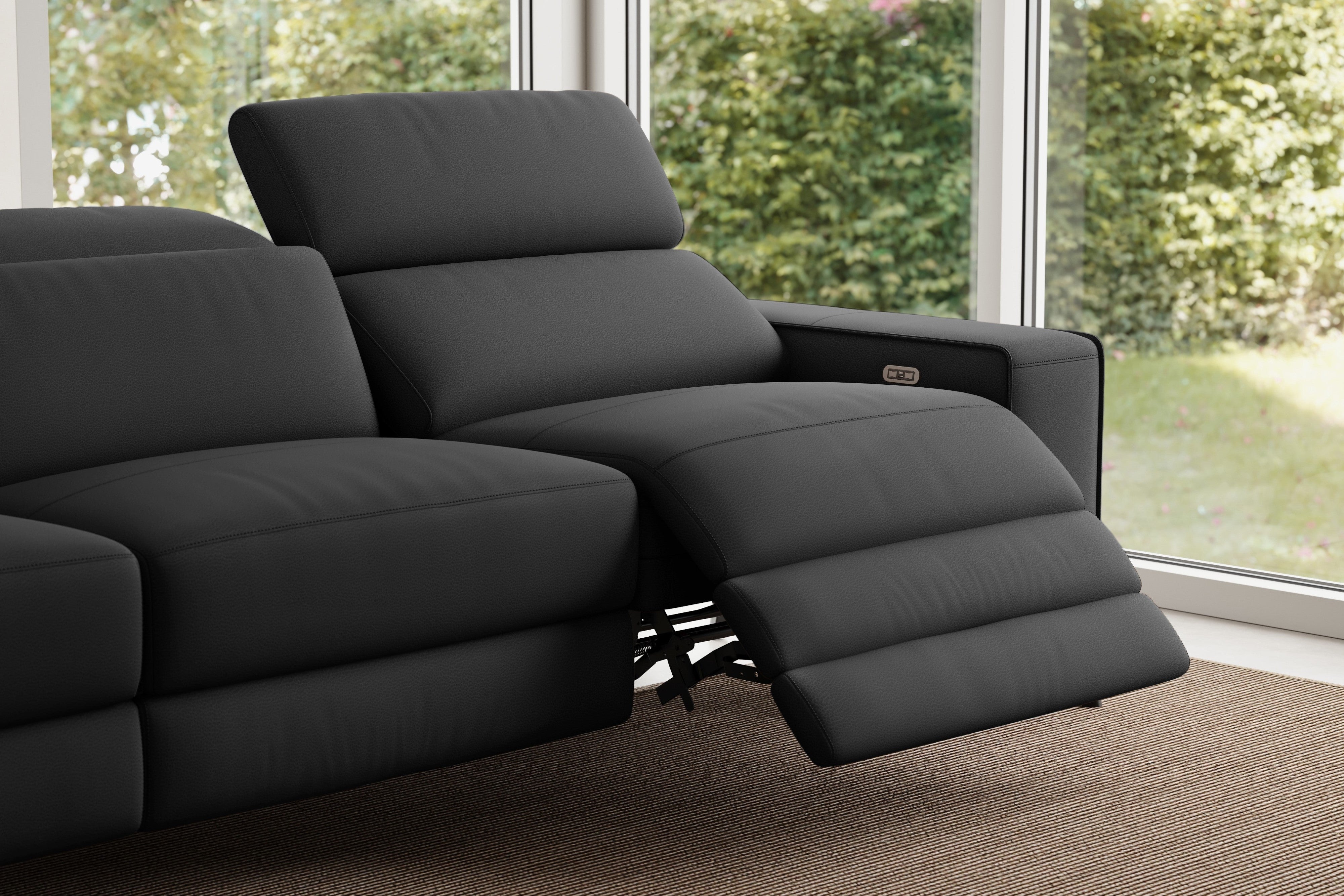 Valencia Esther Top Grain Leather Sofa, Three Seats with Left Chaise, Black