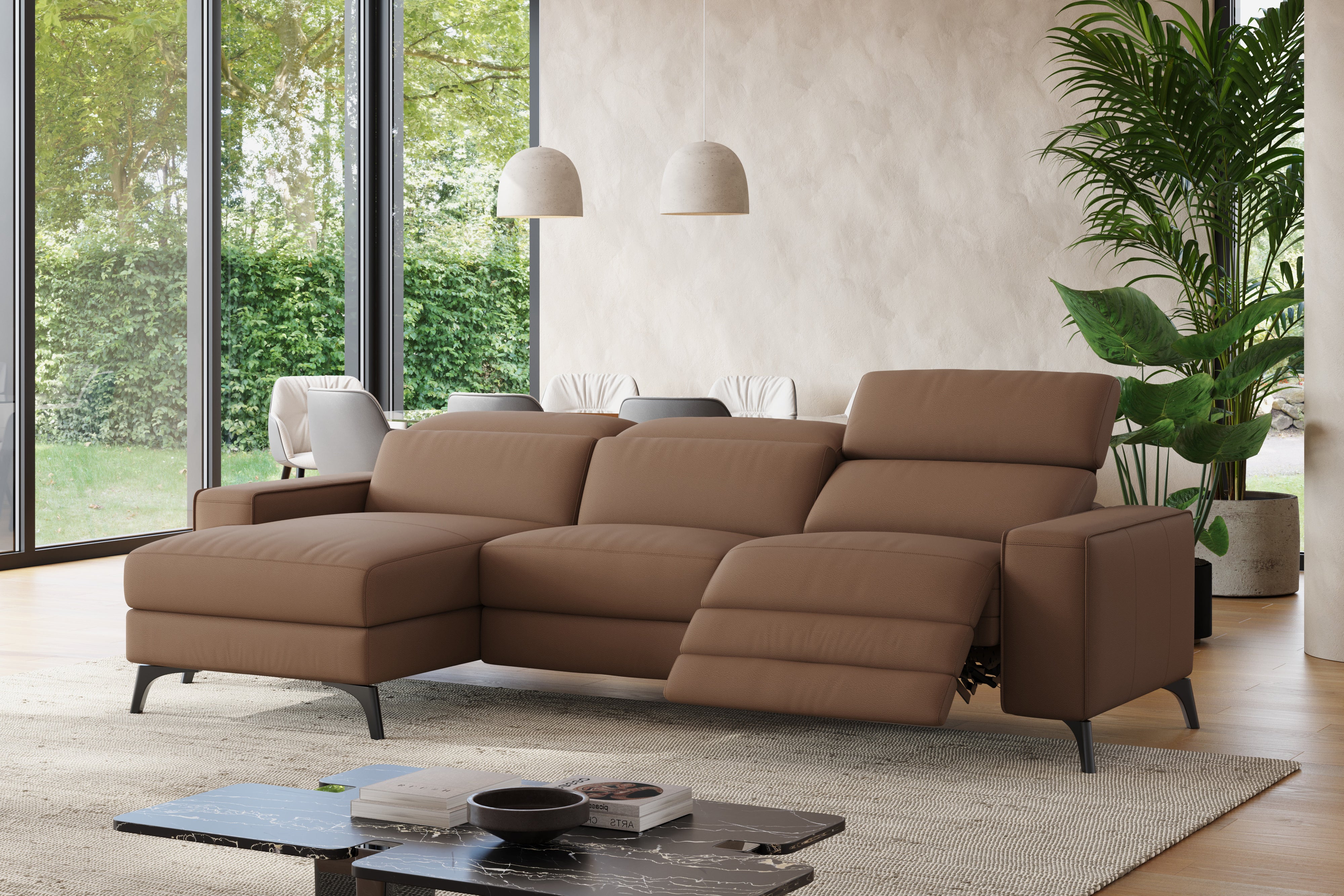 Valencia Esther Top Grain Leather Sofa, Three Seats with Left Chaise, Brown