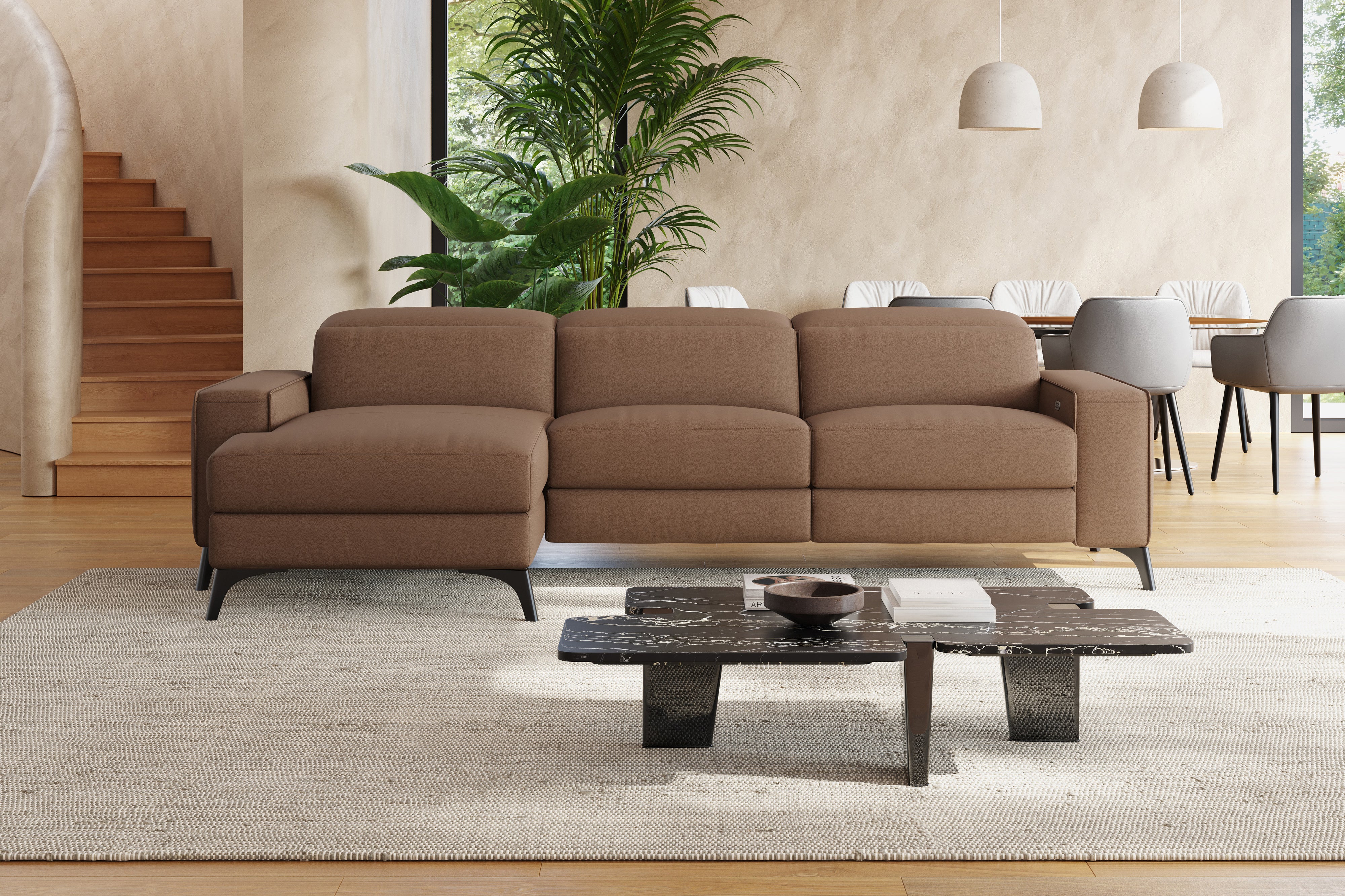 Valencia Esther Top Grain Leather Sofa, Three Seats with Left Chaise, Brown