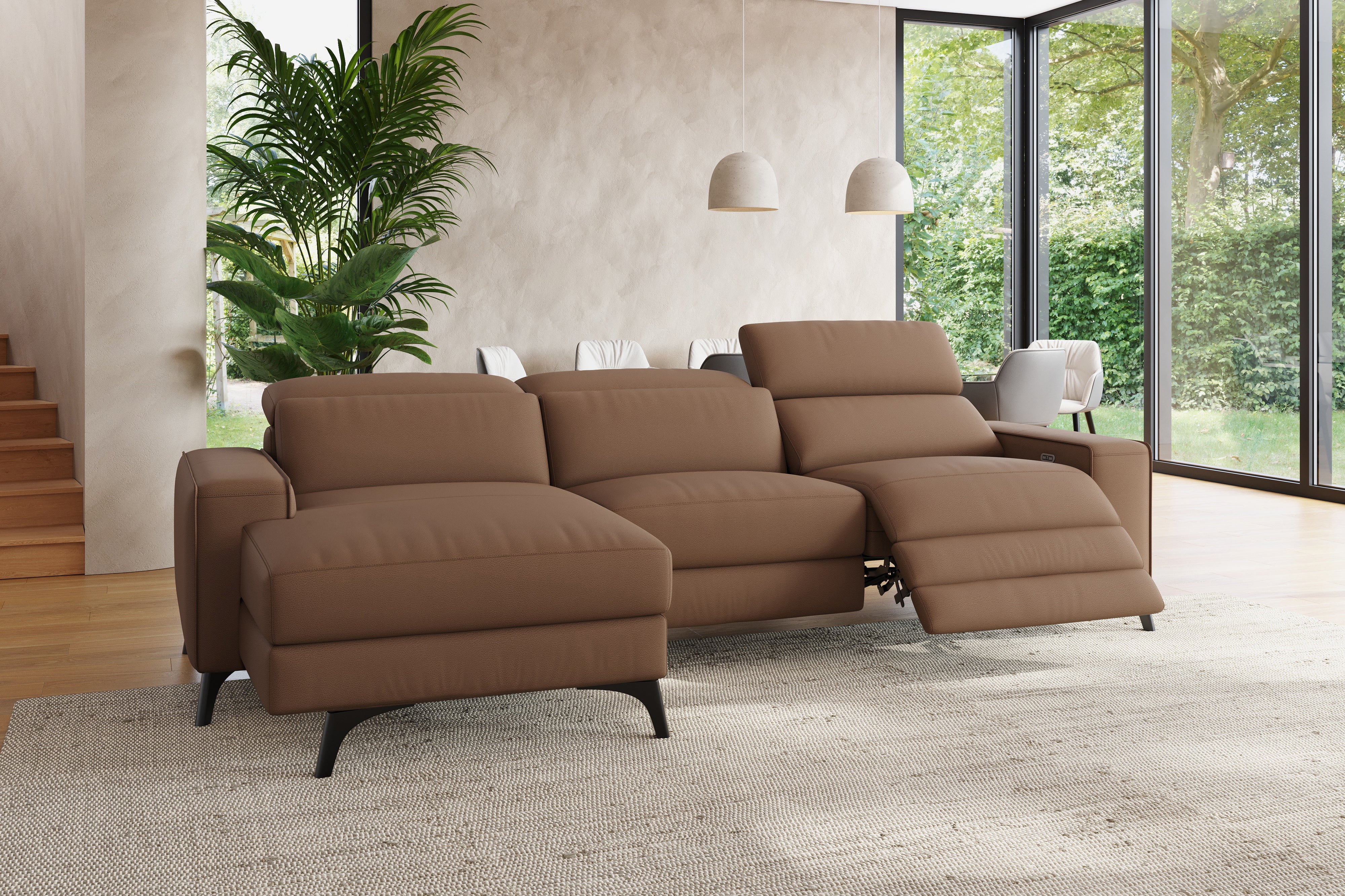 Valencia Esther Top Grain Leather Sofa, Three Seats with Left Chaise, Brown