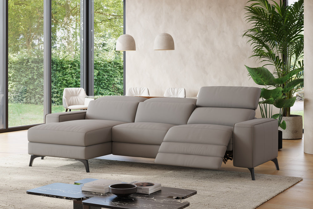 Valencia Esther Top Grain Leather Sofa, Three Seats with Left Chaise, Light Grey