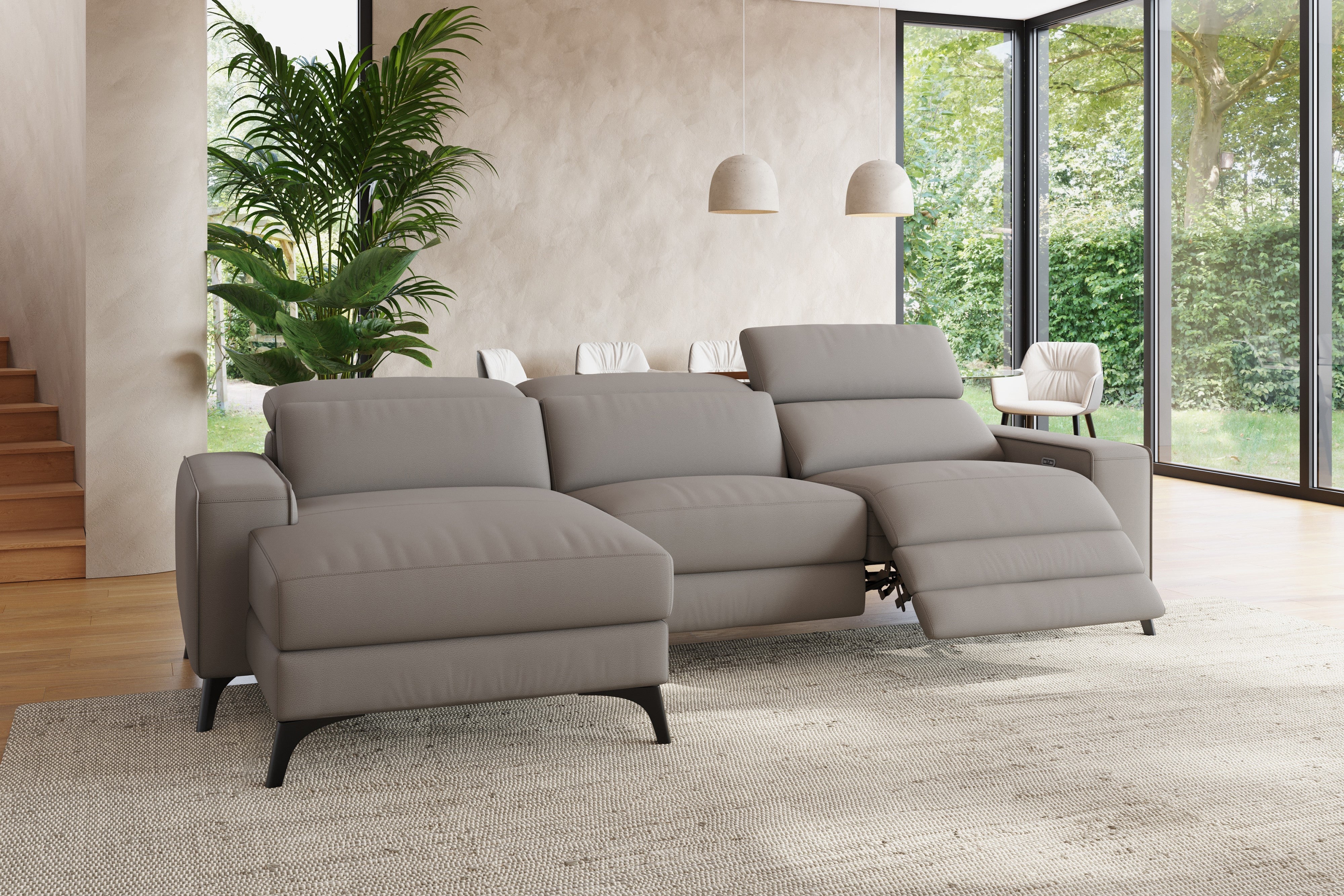 Valencia Esther Top Grain Leather Sofa, Three Seats with Left Chaise, Light Grey