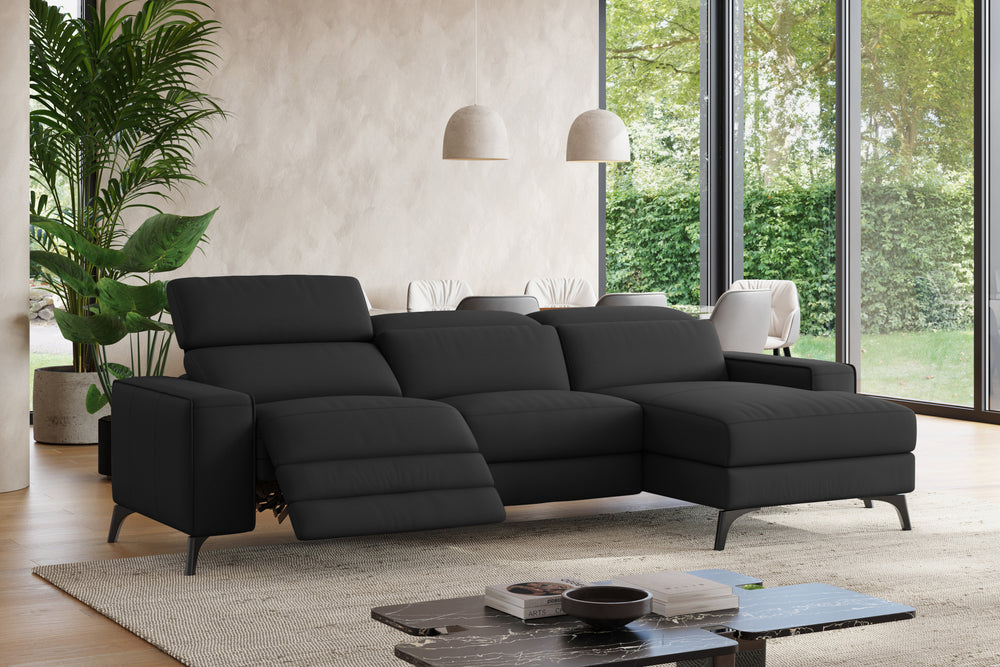 Valencia Esther Top Grain Leather Sofa, Three Seats with Right Chaise, Black