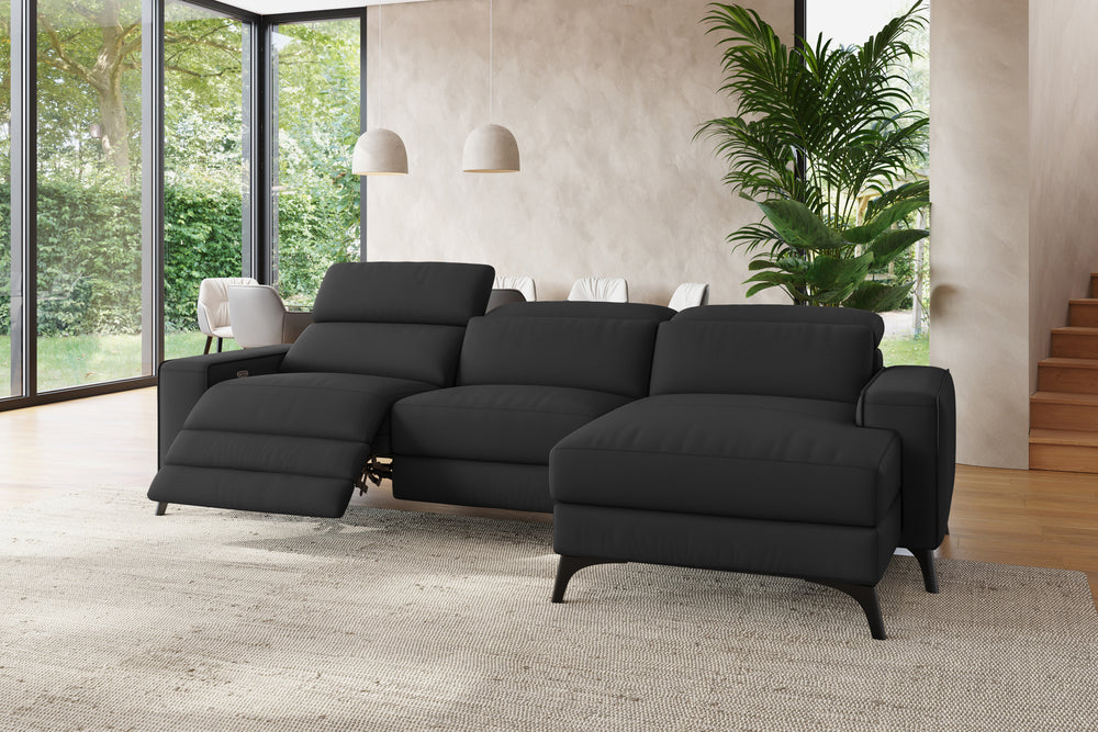 Valencia Esther Top Grain Leather Sofa, Three Seats with Right Chaise, Black