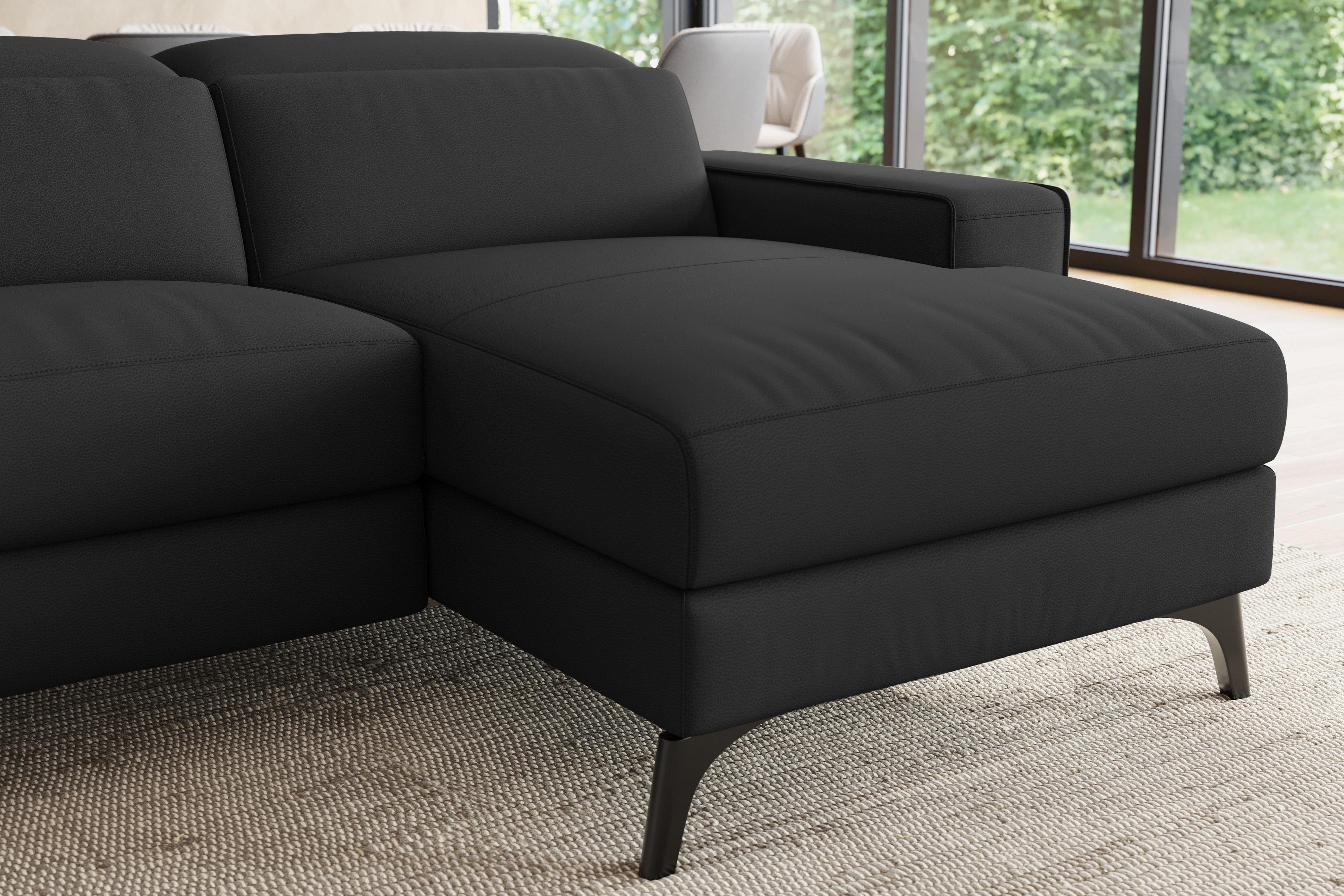 Valencia Esther Top Grain Leather Sofa, Three Seats with Right Chaise, Black