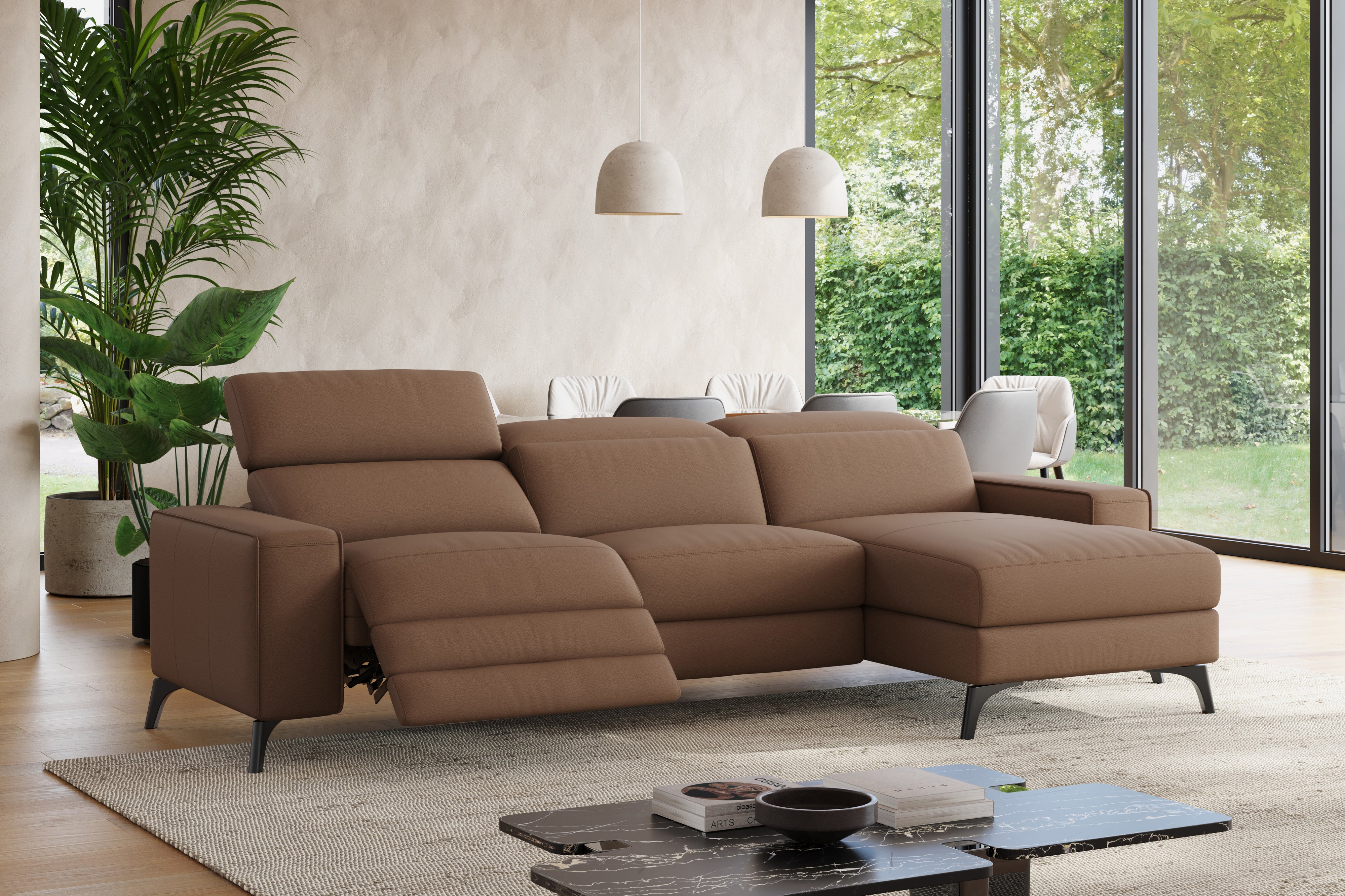 Valencia Esther Top Grain Leather Sofa, Three Seats with Right Chaise, Brown