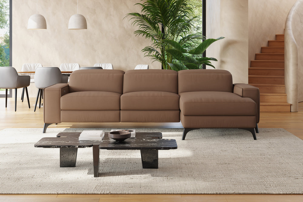 Valencia Esther Top Grain Leather Sofa, Three Seats with Right Chaise, Brown