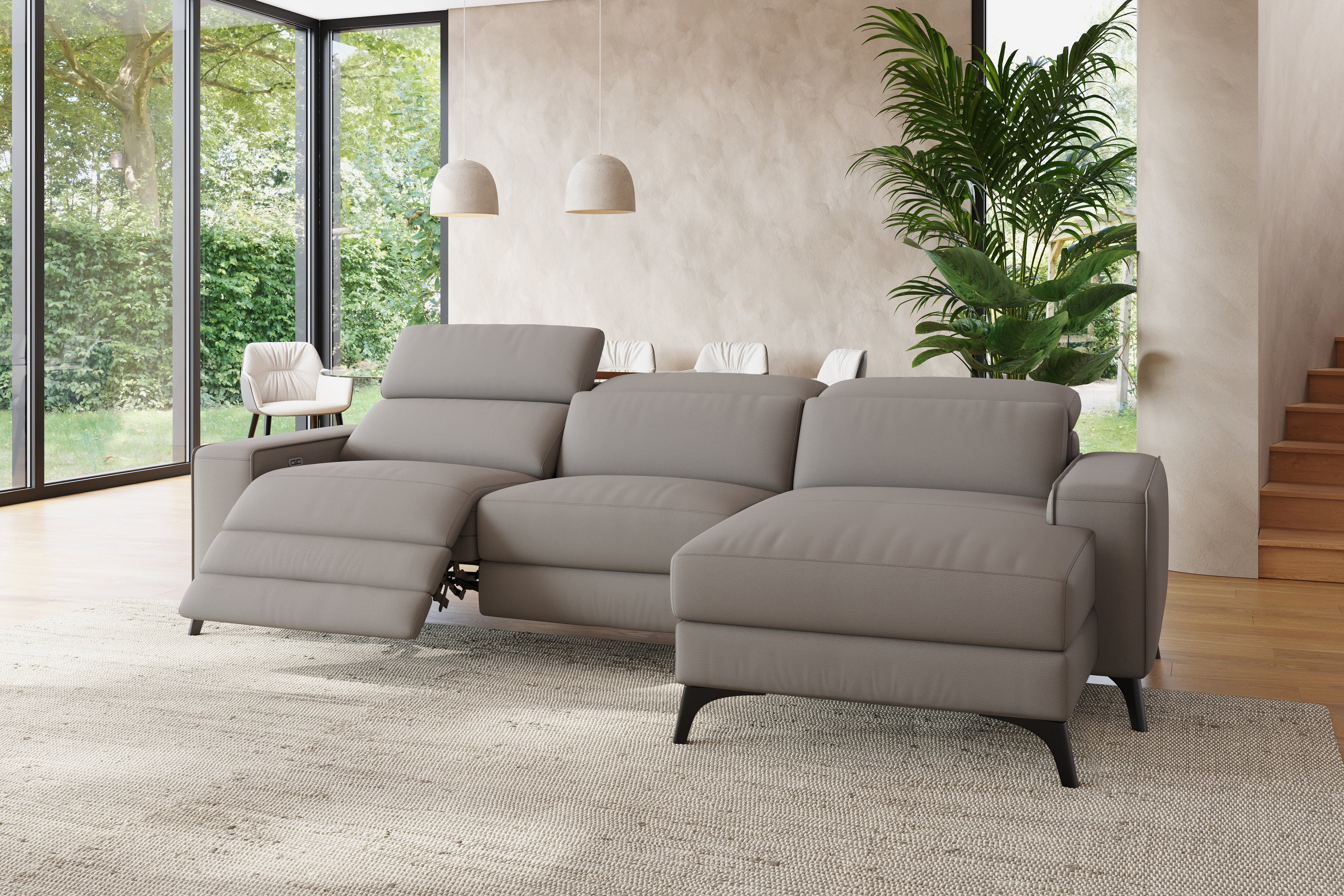 Valencia Esther Top Grain Leather Sofa, Three Seats with Right Chaise, Light Grey