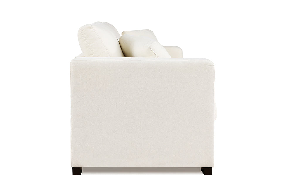Left-Side, Back View of A Modern, Beige, Love-Seat, Harvard Modern Fabric Sofa with Two Side Cushions.