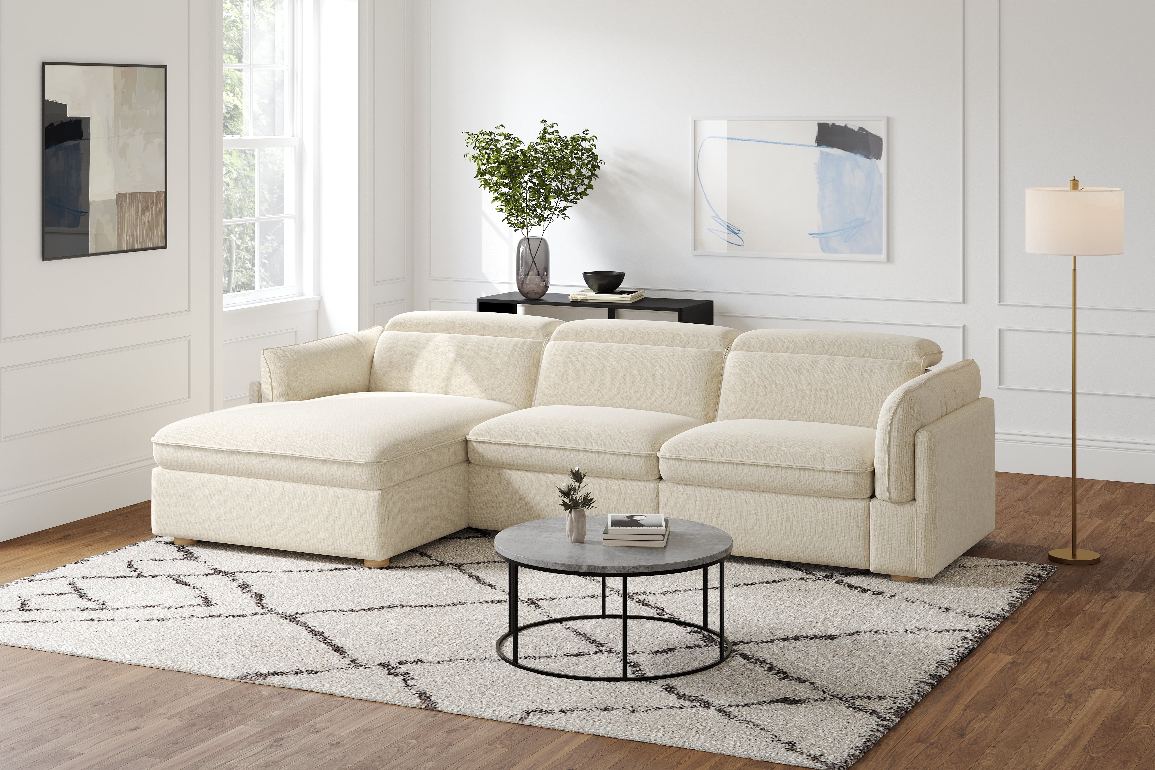 Valencia Fernanda Fabric Modular Sectional Sofa, Three Seats with Left Chaise, Beige