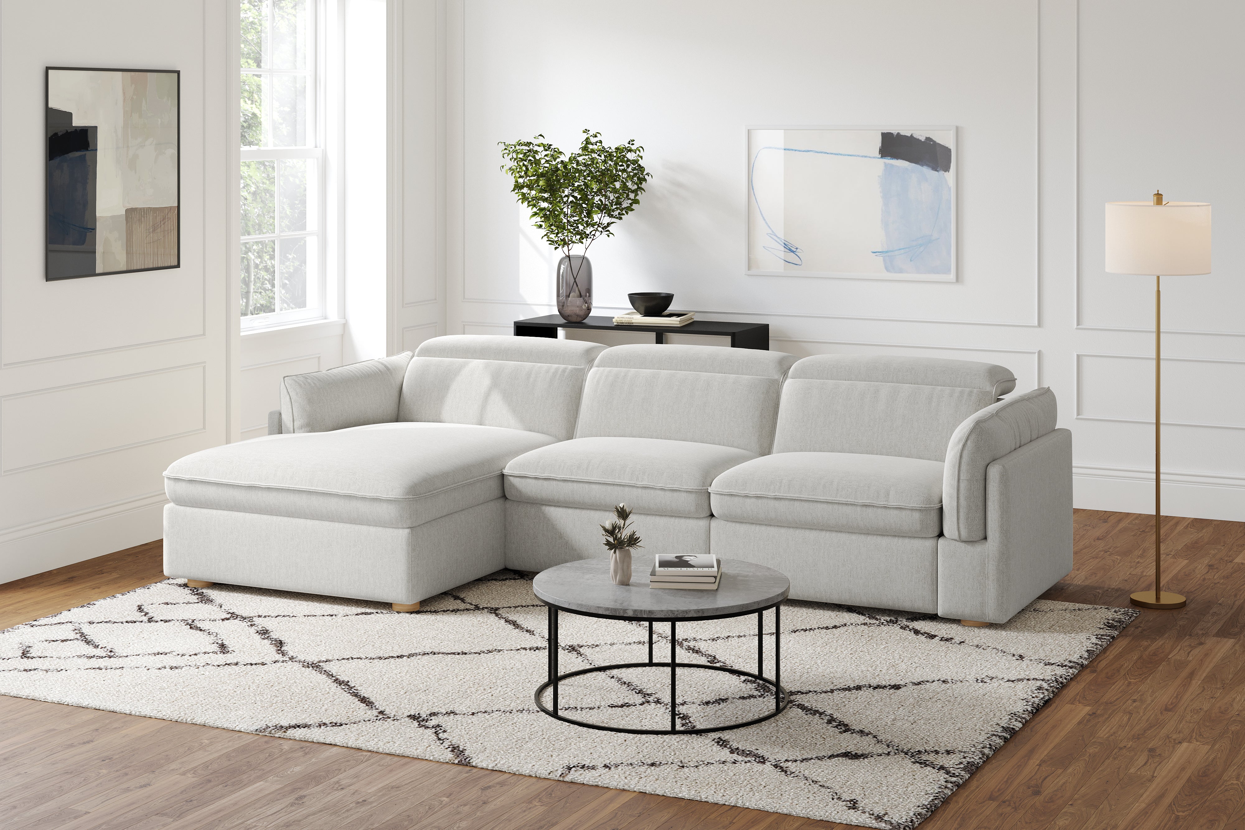 Valencia Fernanda Fabric Modular Sectional Sofa, Three Seats with Left Chaise, Light Grey