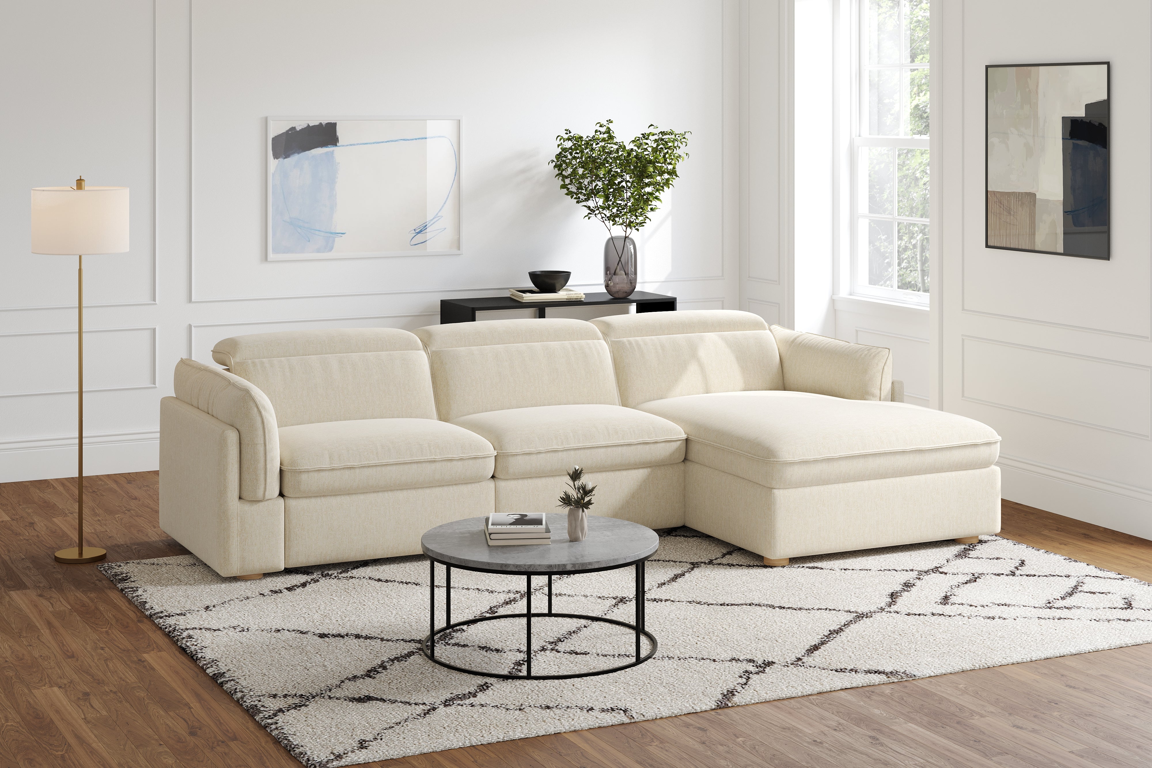 Valencia Fernanda Fabric Modular Sectional Sofa, Three Seats with Right Chaise, Beige