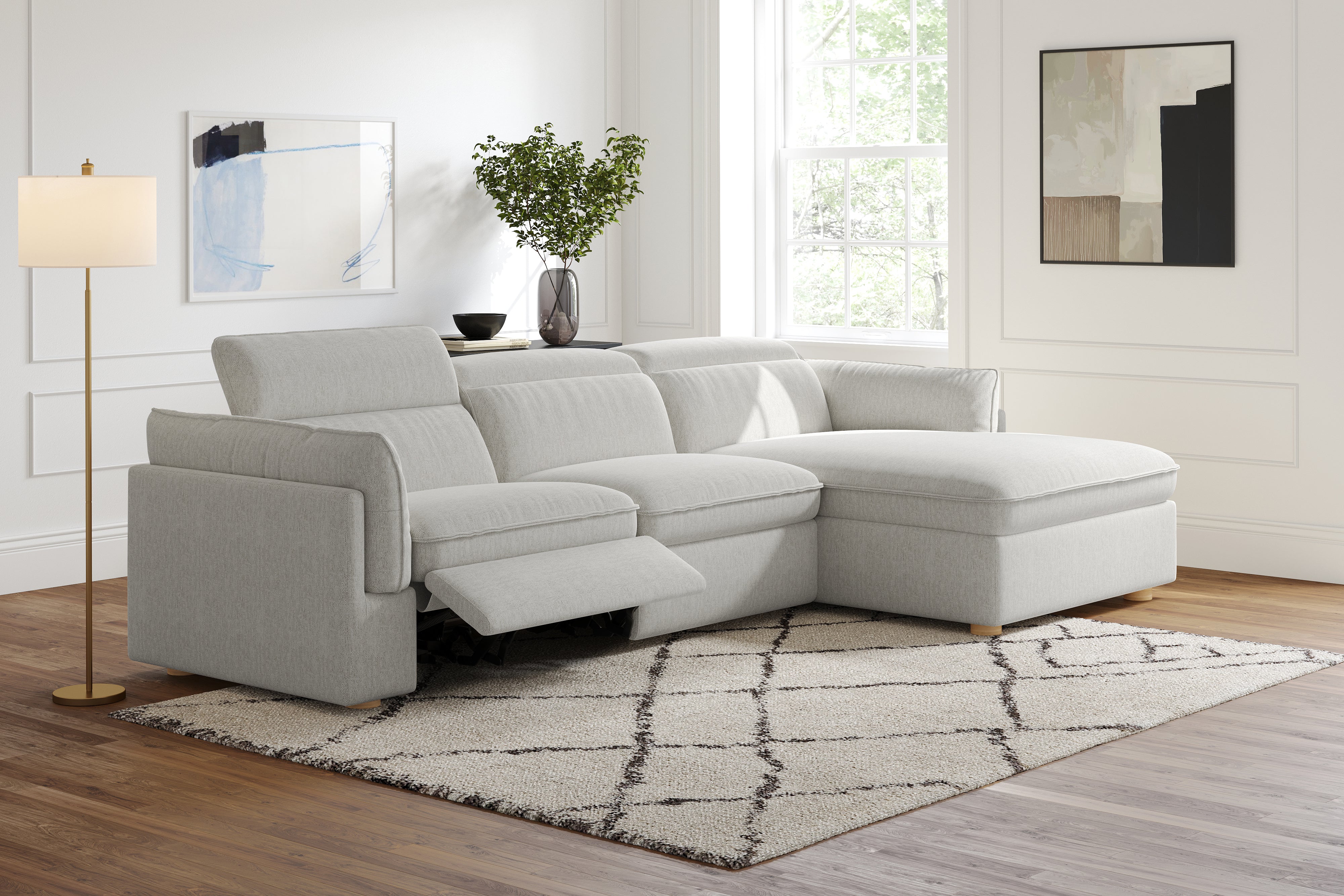 Valencia Fernanda Fabric Modular Sectional Sofa, Three Seats with Right Chaise, Light Grey