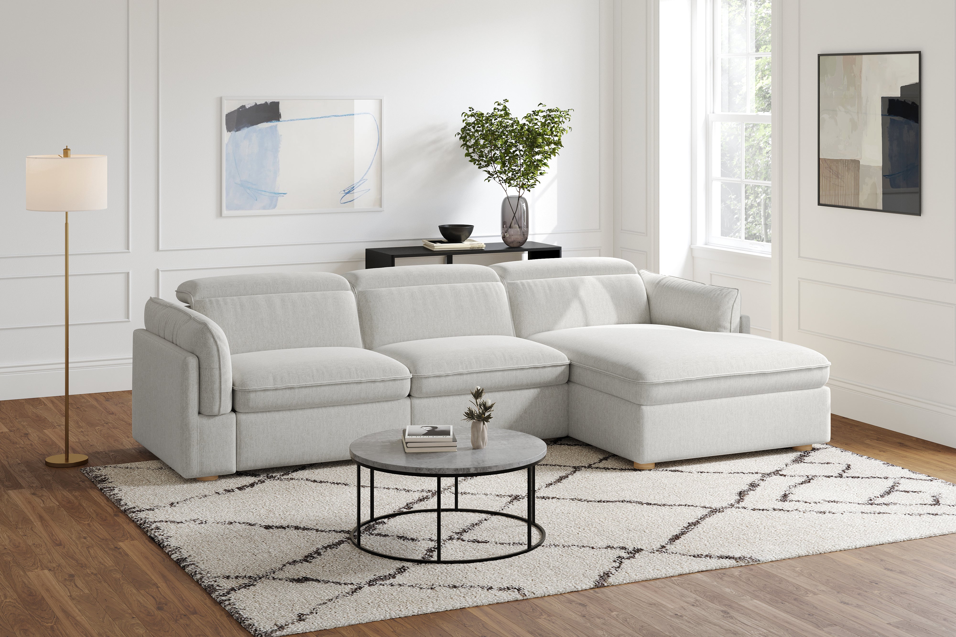 Valencia Fernanda Fabric Modular Sectional Sofa, Three Seats with Right Chaise, Light Grey