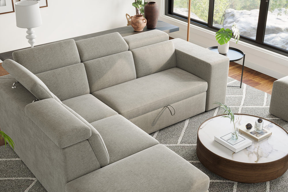 Valencia Finn Fabric Sectional Sofa Bed with Left Hand Storage, Light Grey Color