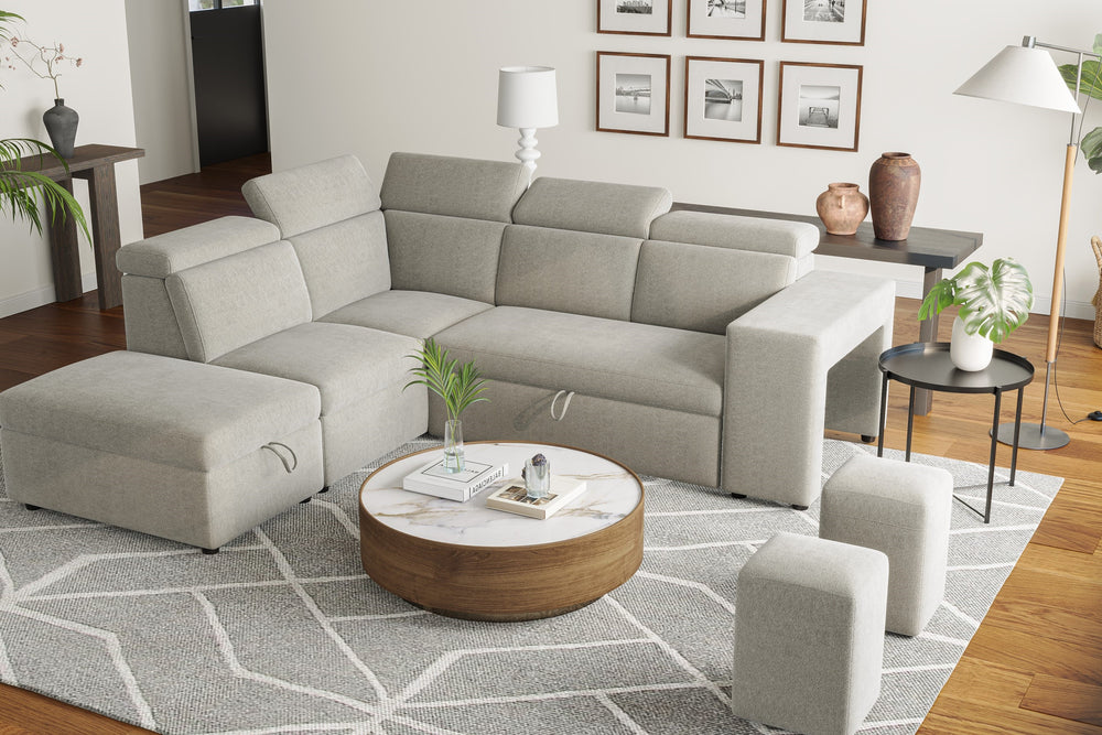 Valencia Finn Fabric Sectional Sofa Bed with Left Hand Storage, Light Grey Color