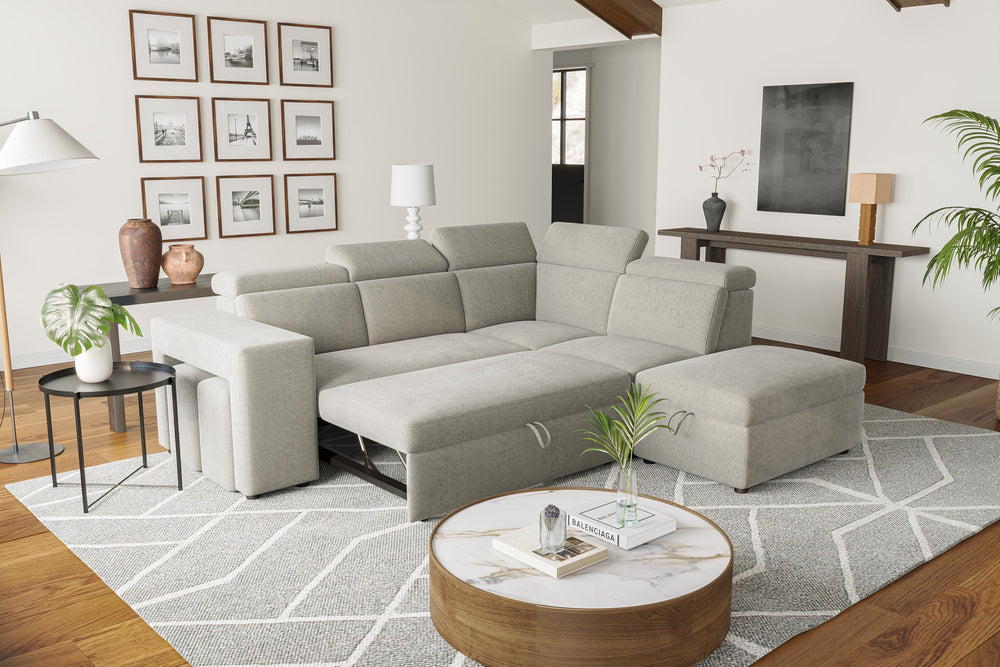 Valencia Finn Fabric Sectional Sofa Bed with Right Hand Storage, Light Grey Color