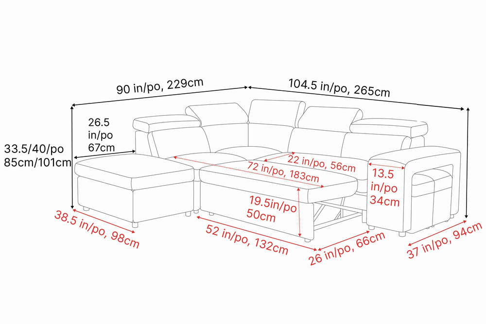 Valencia Finn Fabric Sectional Sofa Bed with Left Hand Storage, Beige