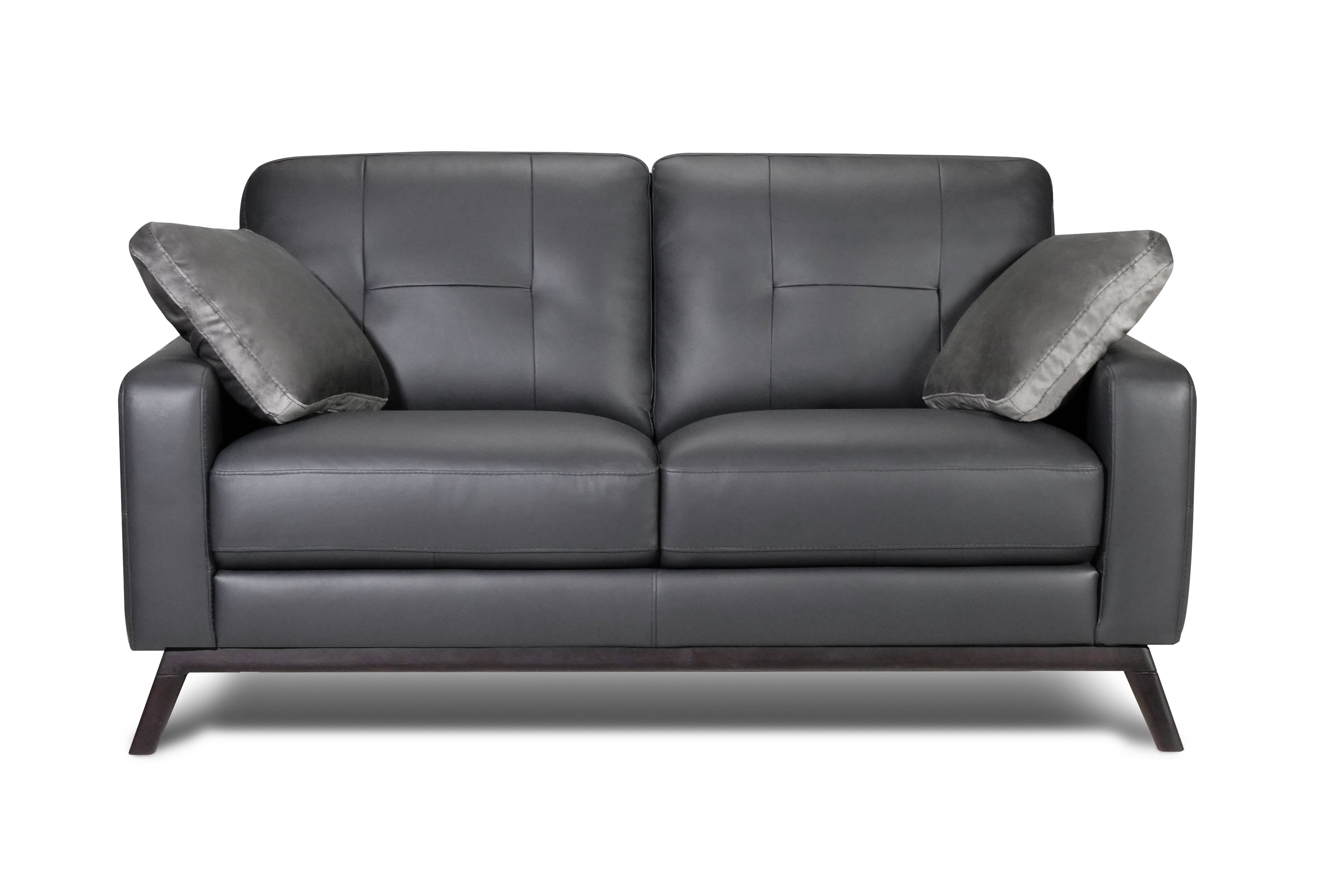 Valencia Francesca Mid Century Top Grain Leather Loveseat Sofa, Charcoal Grey