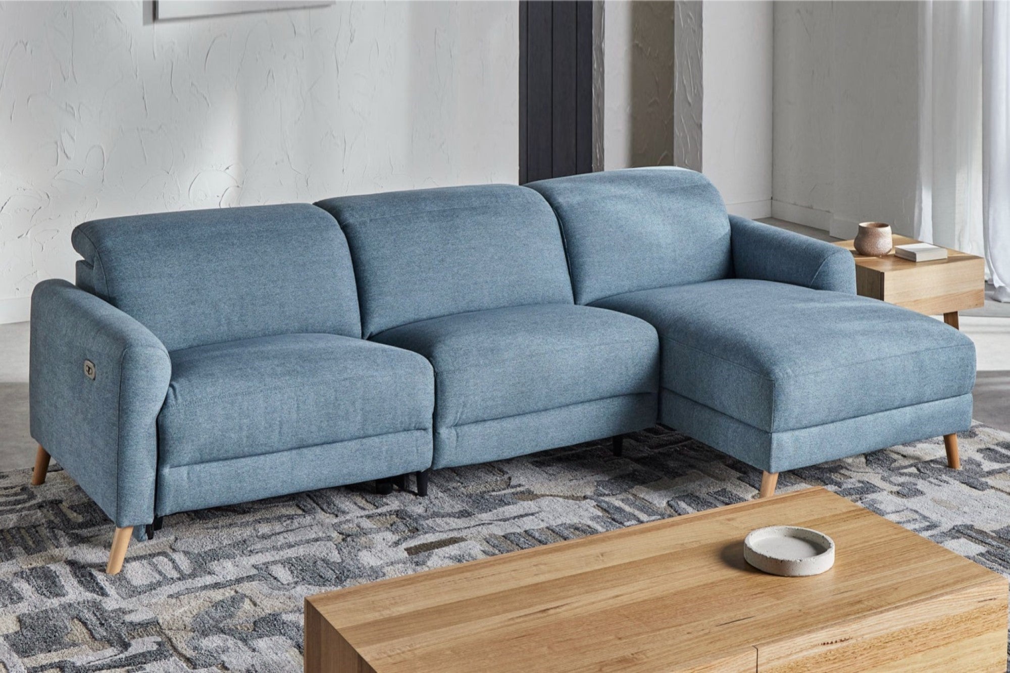 Valencia Freya Fabric Recliner Sofa, Three Seats with Right Chaise, Blue