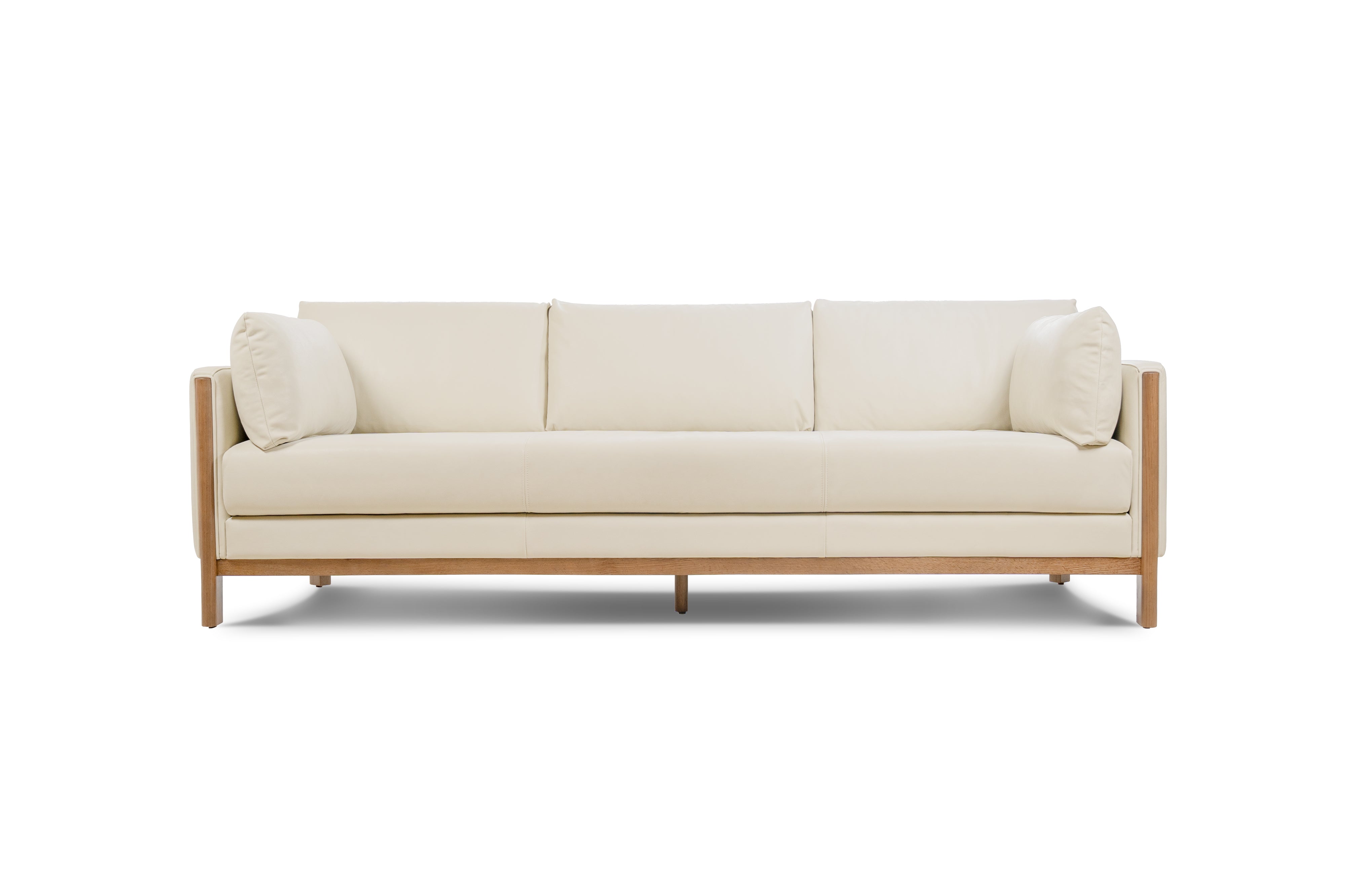 Matera Leather Three Seats Sofa with Wooden Legs, Beige