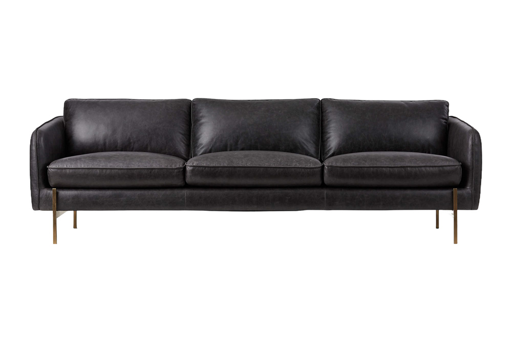 Valencia Gabriele Leather Three Seats Sofa with Brass Finished Legs, Black Color