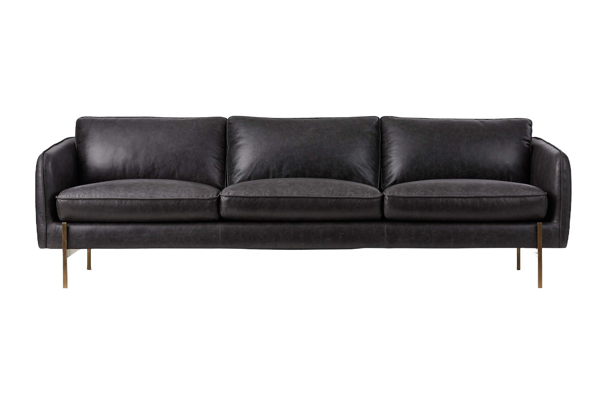 Valencia Gabriele Leather Three Seats Sofa with Brass Finished Legs, Black Color